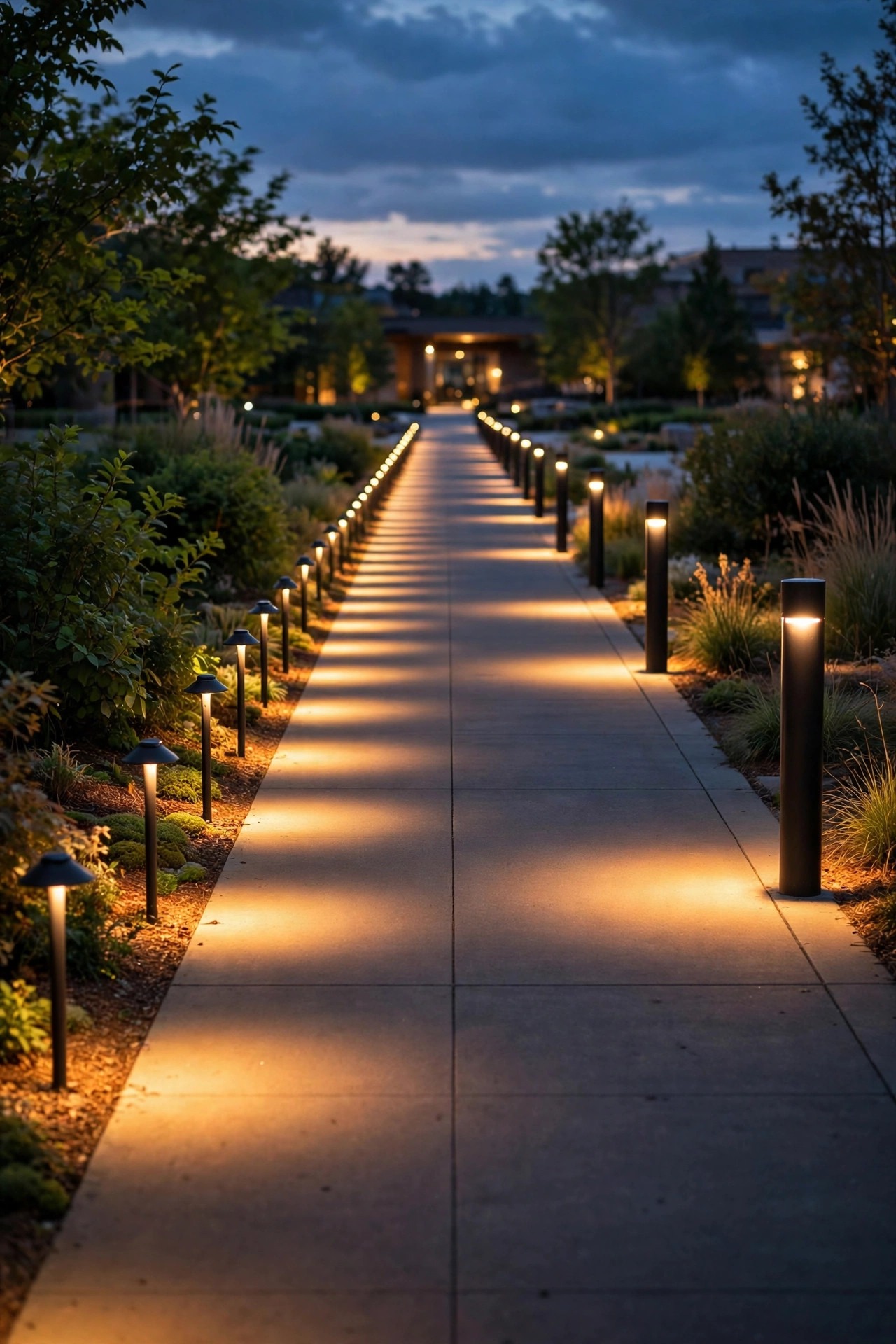Long straight front walkway at dusk with path lights spaced close together on one side and bollards spaced wider on the other, pools of warm light overlapping evenly