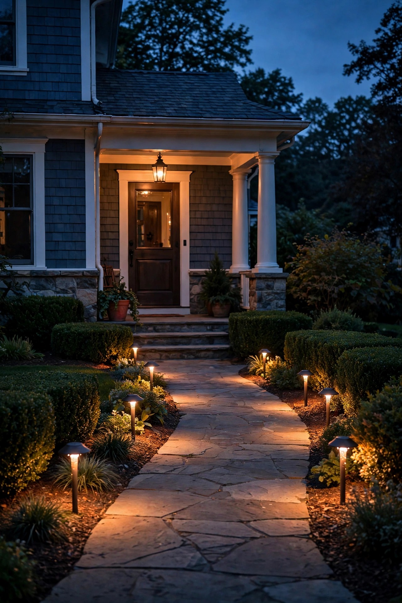 Front walkway at deep dusk with path lights glowing on both sides and a porch lantern burning steadily, the classic dusk-to-dawn look from the street