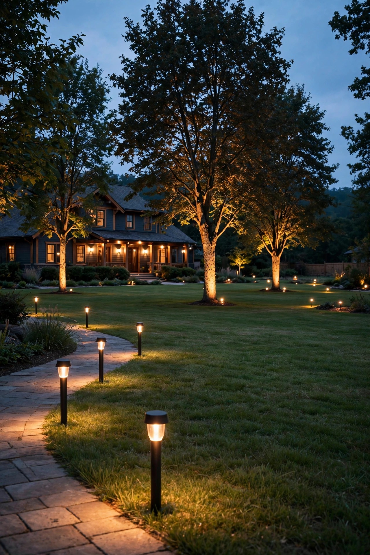View across a dusk backyard showing smart path lights, tree uplights and porch fixtures spread at different distances from a suburban home
