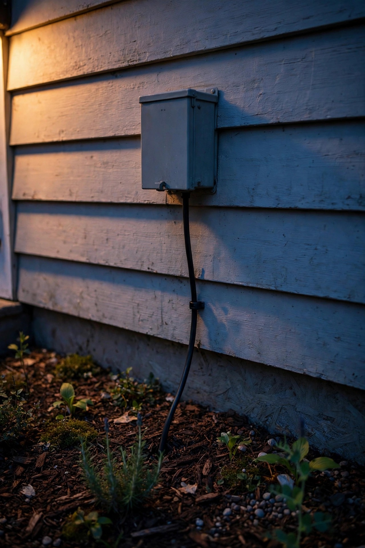 Close evening view of a small transformer box mounted on a house wall with a low-voltage cable running down into a mulched garden bed at dusk