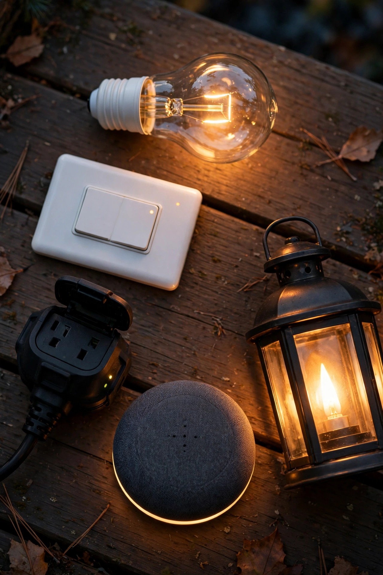 Flat-lay of smart bulb, smart switch, outdoor smart plug and smart speaker beside a porch lantern at dusk, everything needed for voice control