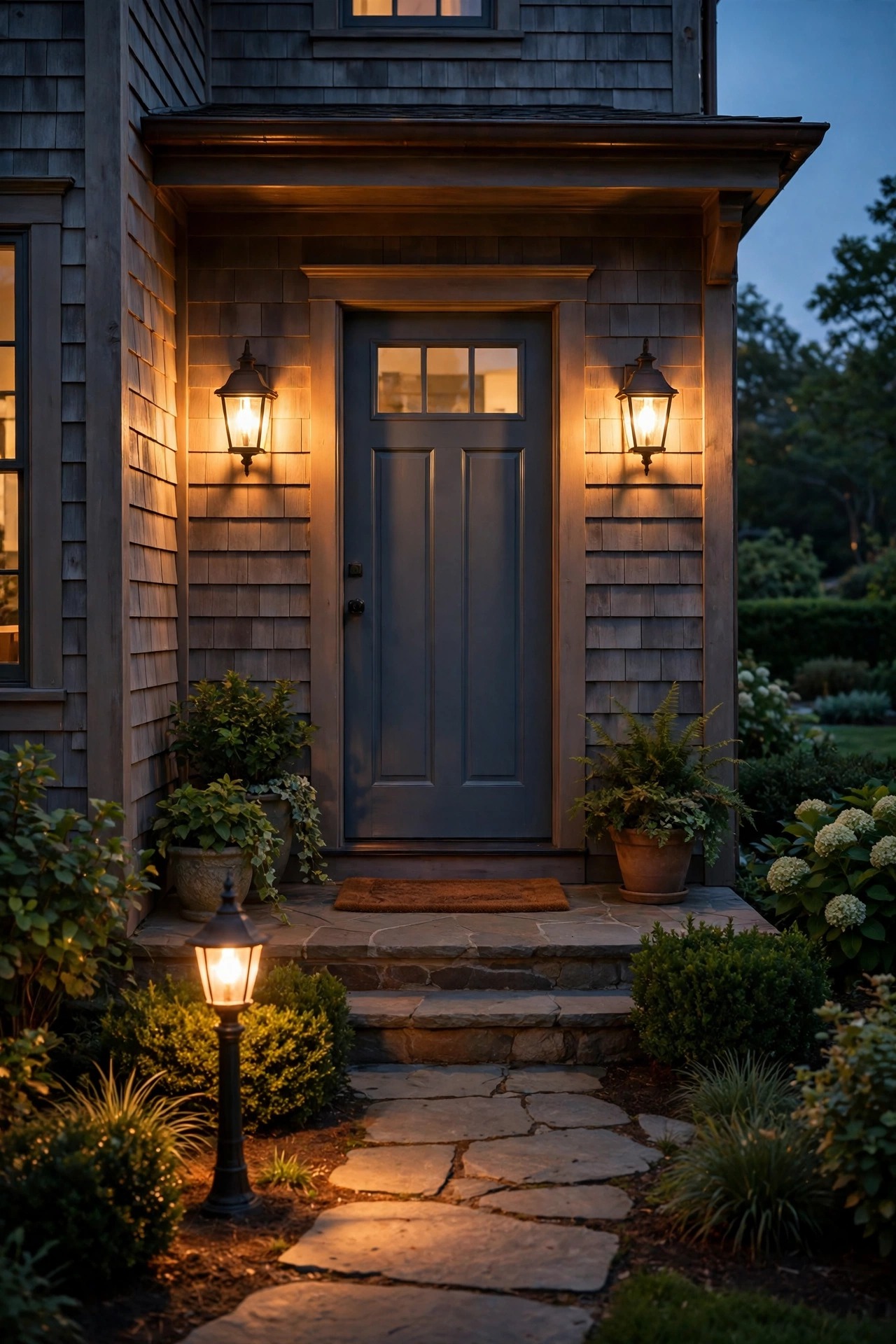 Evening view of a front porch with hardwired wall lanterns glowing on either side of the door and a lamp post lit at the walkway, warm golden light