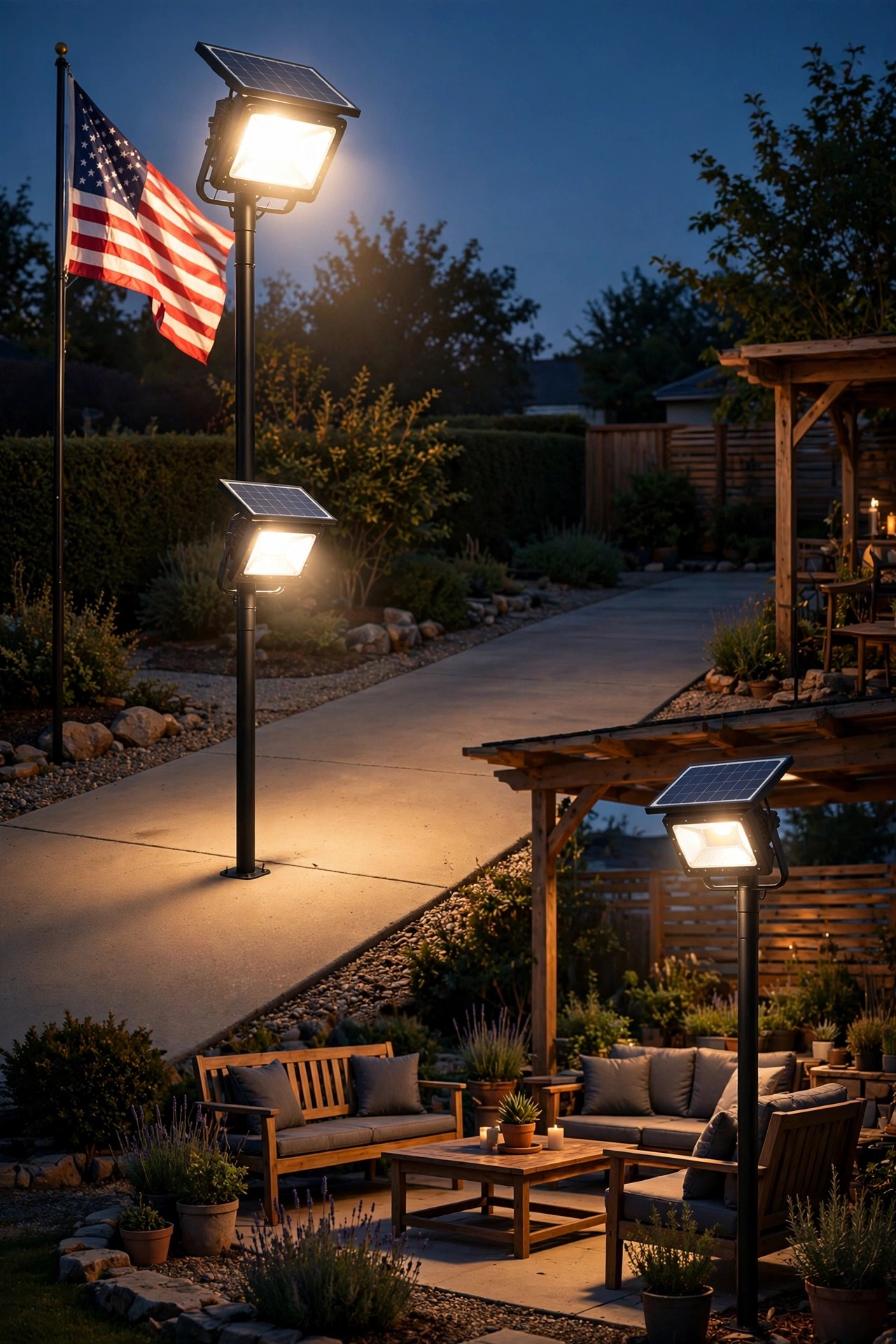 Solar flood lights at different brightness levels lighting a driveway, a flag, and a backyard seating area