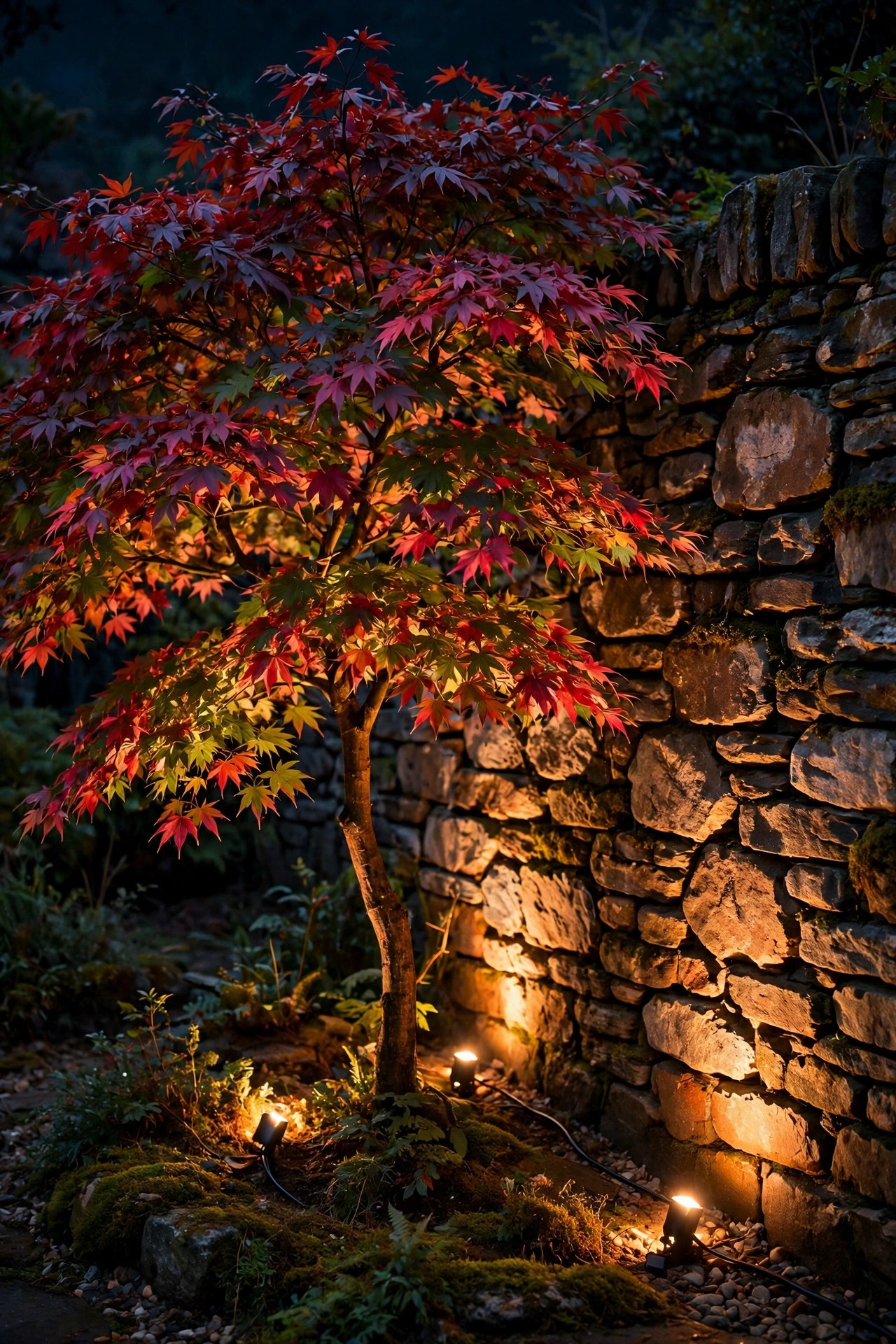 Ornamental tree and stone garden wall uplighted by bright warm wired LED spotlights at night, rich true colors in the foliage