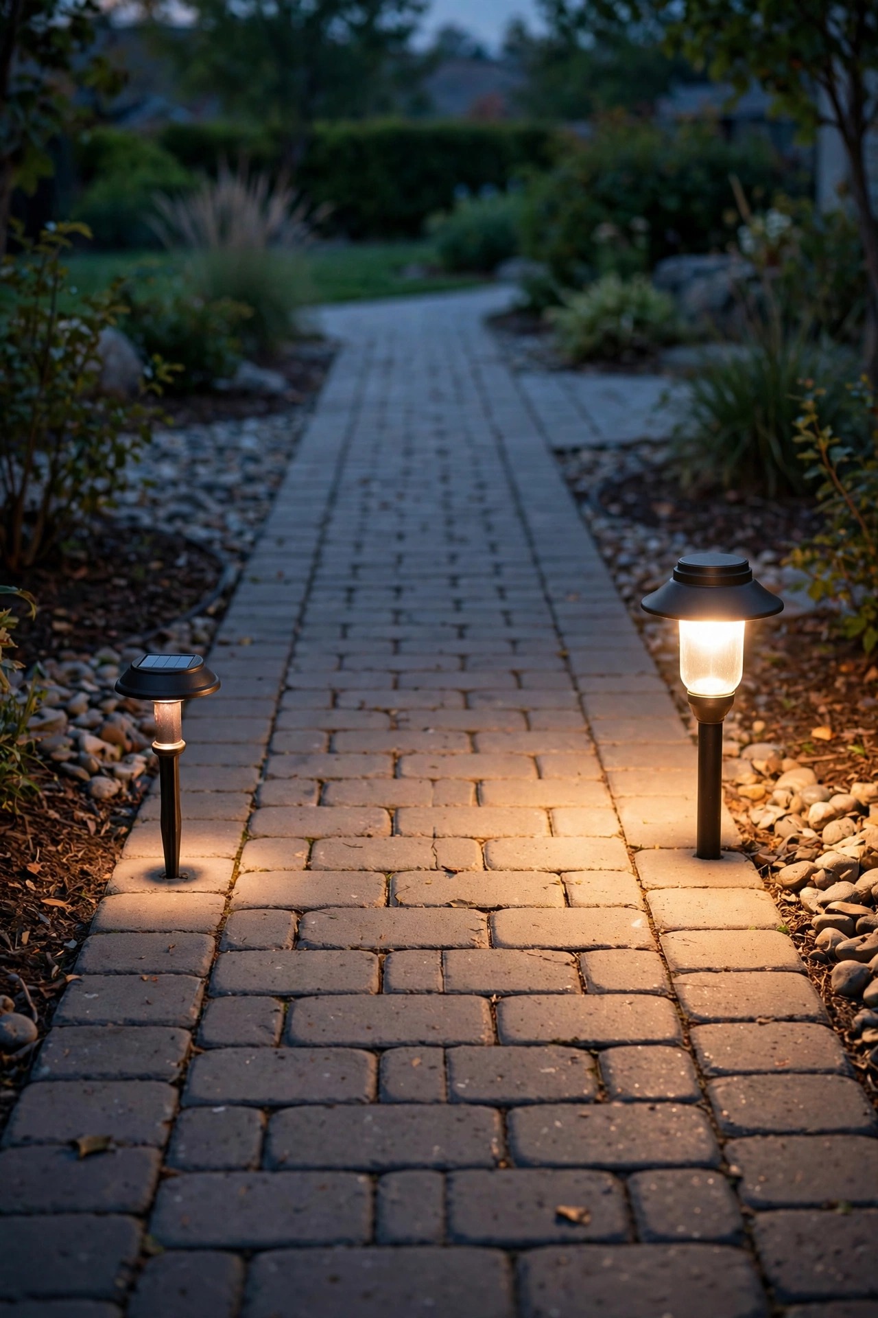 Evening comparison on one walkway, a dim solar stake casting a small pool of light beside a brighter wired path light washing the pavers evenly at dusk