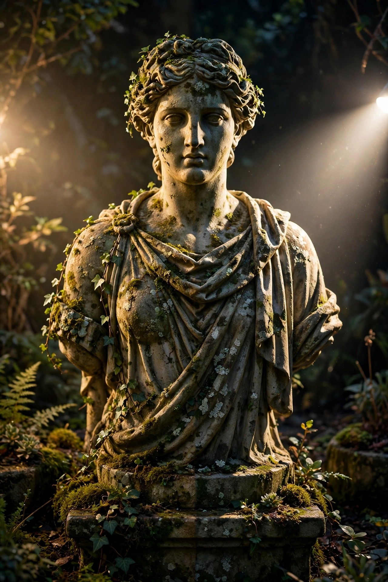 Close view of a garden statue at night, half washed by a soft wide flood glow and half struck by a bright focused spotlight beam showing stronger contrast