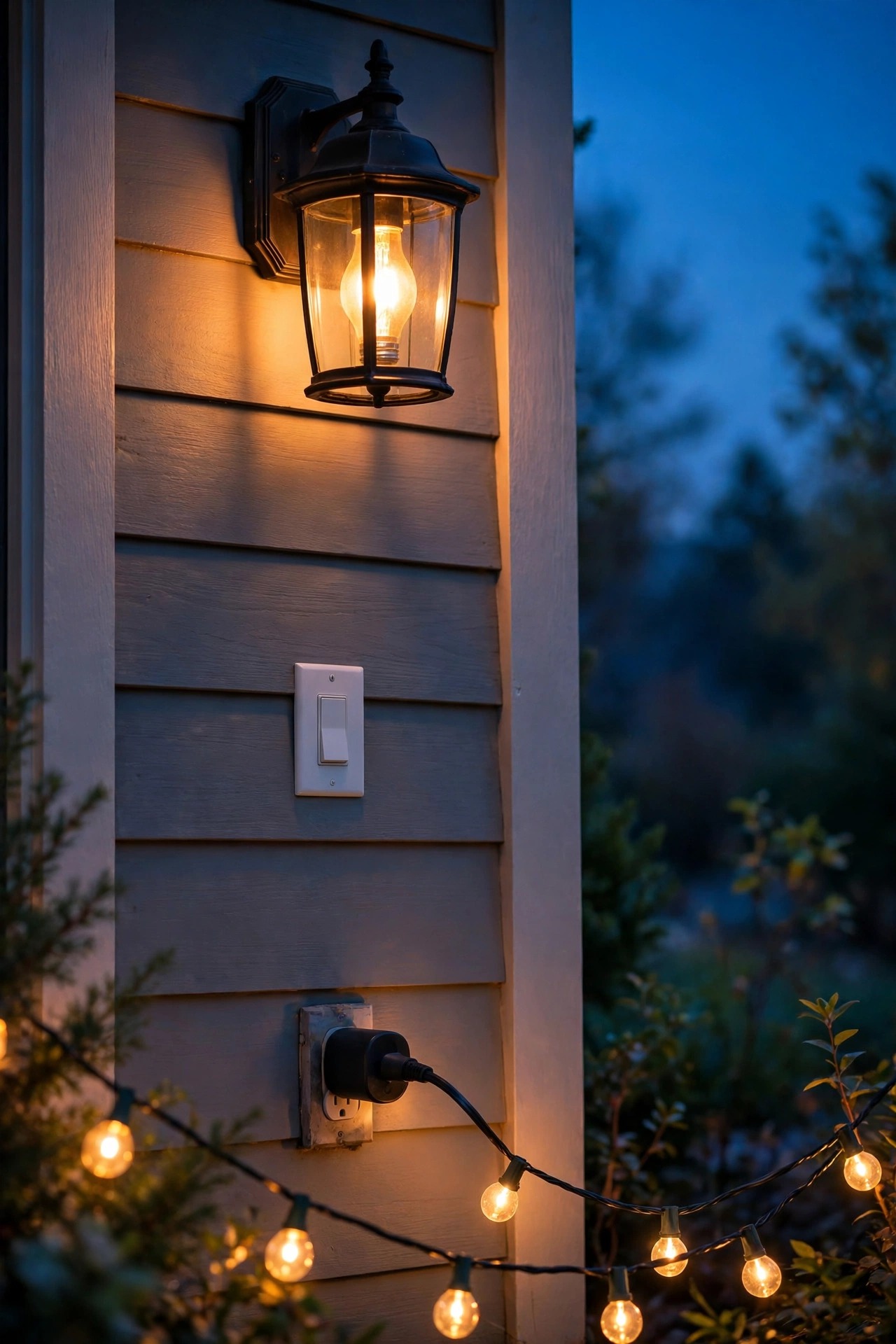 Porch sconce with a smart bulb, a wall switch and an outdoor smart plug powering string lights, the three ways to add voice control