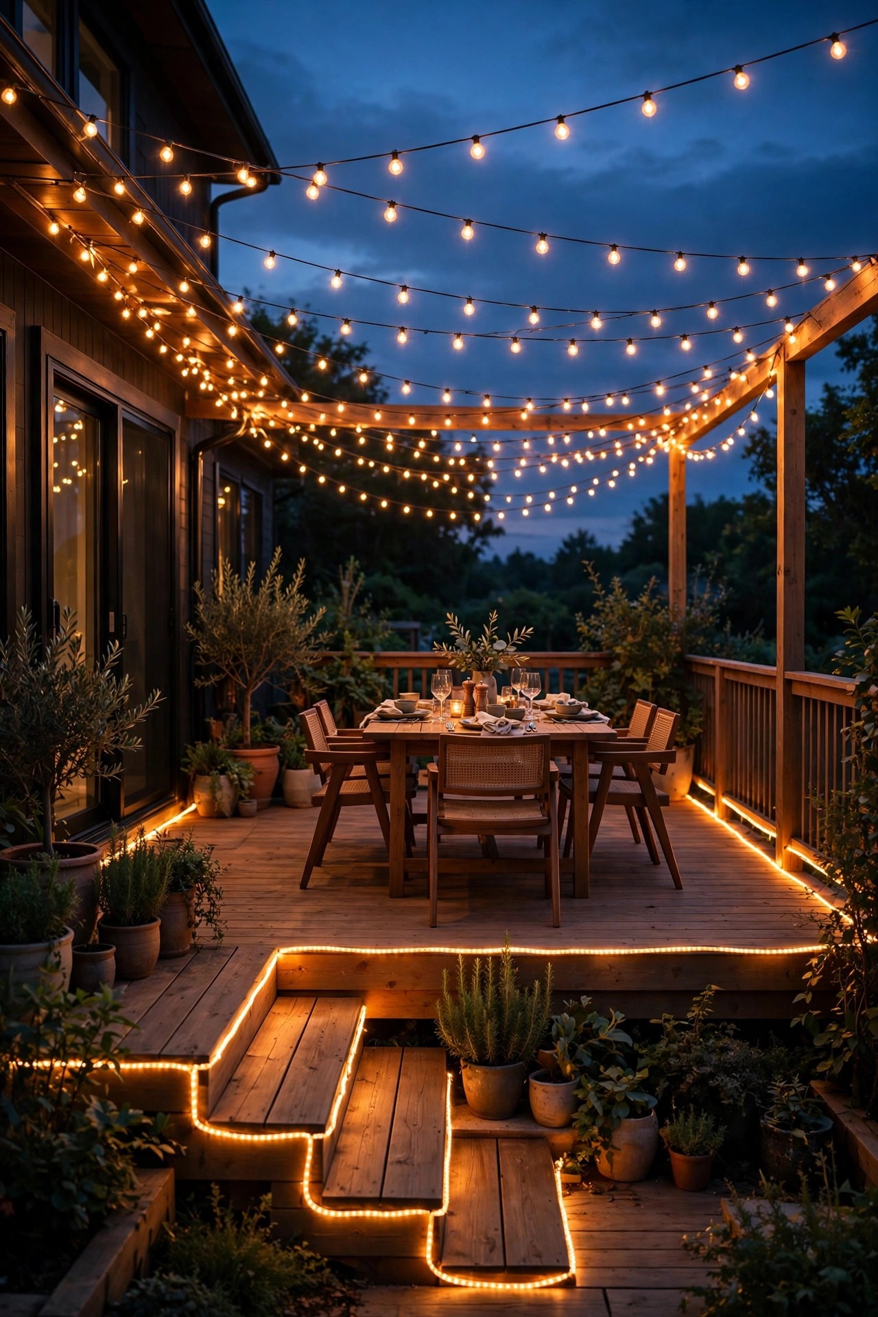 Patio at dusk with string lights forming a canopy over a dining table and rope lights outlining the steps and deck perimeter