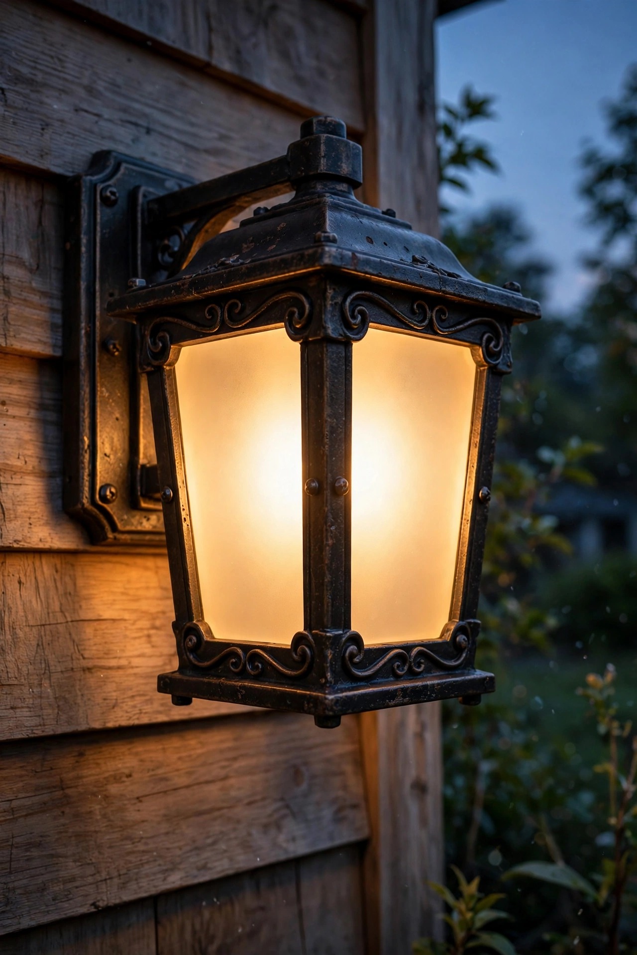Close-up of a heavy die-cast metal outdoor wall lantern with a frosted polycarbonate lens glowing warm white at dusk
