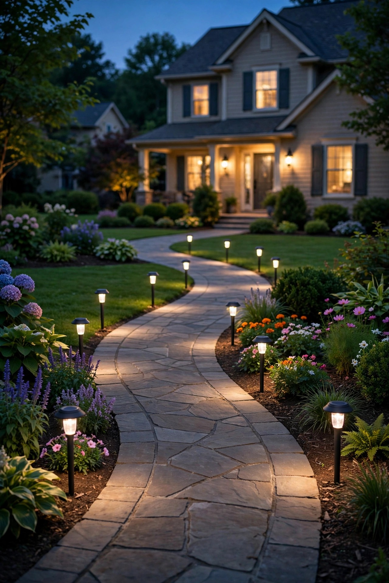 Photorealistic dusk view of a curved front walkway lined with warm white solar stake path lights casting soft pools of light, green lawn and flower beds on both sides, welcoming suburban home in the background