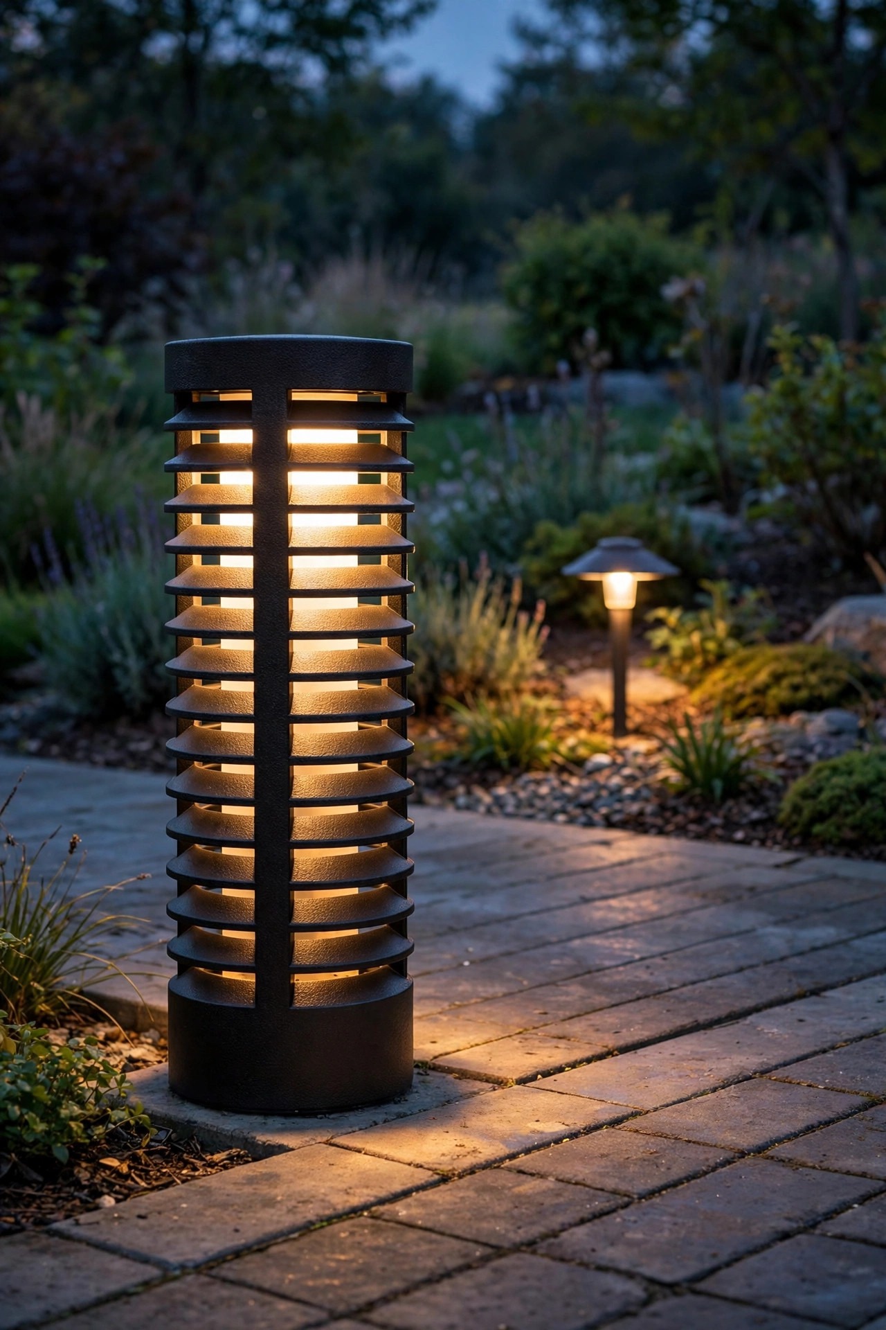Louvered bollard light at dusk shielding its warm light downward onto a walkway, with a shaded path light glowing softly in the planting bed behind it