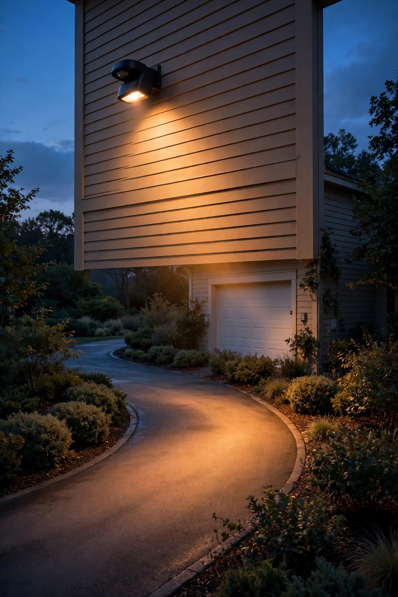 Motion sensor light mounted high on a garage wall angled across a curved driveway lined with shrubs at dusk