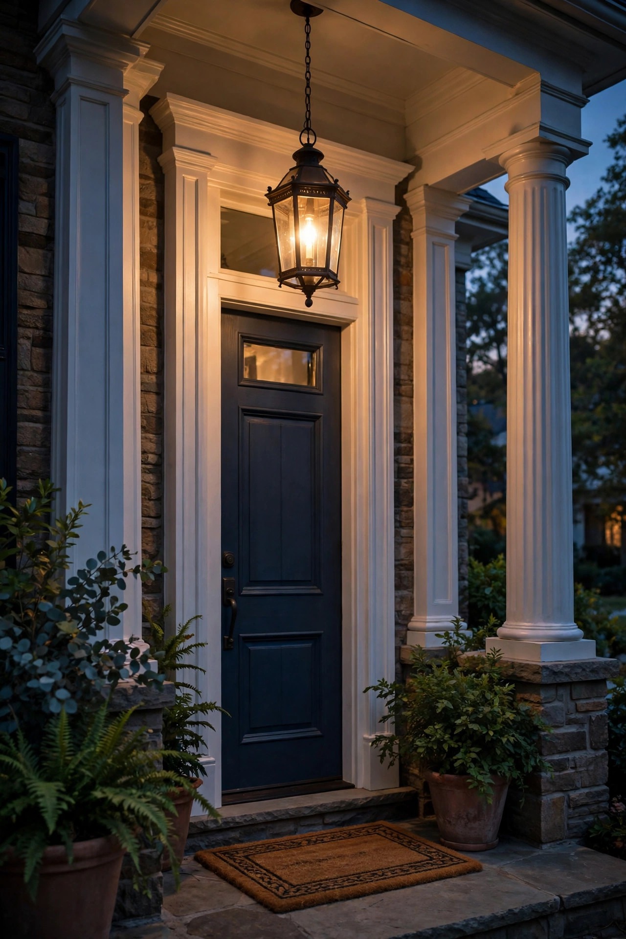 Hanging pendant lantern glowing warm over a front door at dusk, tall porch entry with columns and a cozy welcome mat
