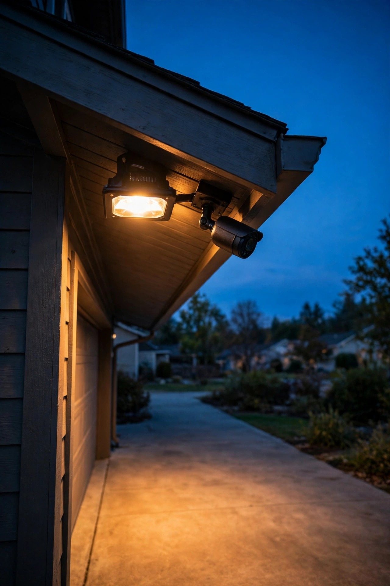 Floodlight and security camera mounted side by side under a garage eave, light washing evenly across a driveway while the camera faces the same way