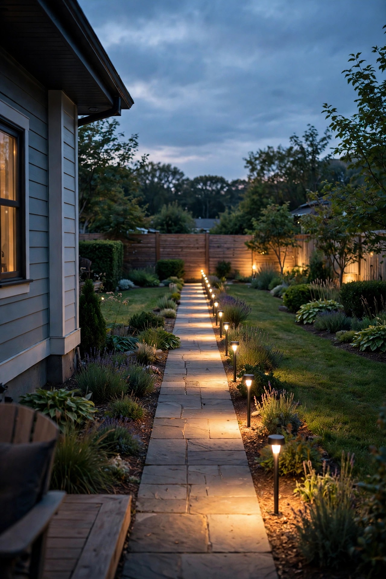 Long suburban backyard at dusk with a line of smart path lights stretching from the house to a distant fence, each fixture glowing in sequence