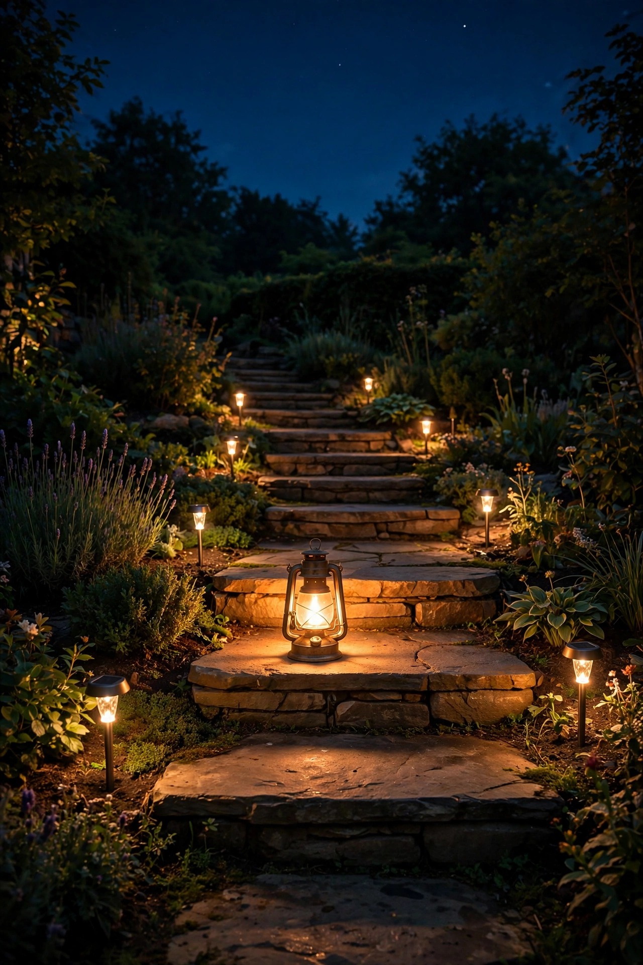 A garden path late at night with a steady bright battery lantern on the steps and solar stake lights glowing more softly along the beds