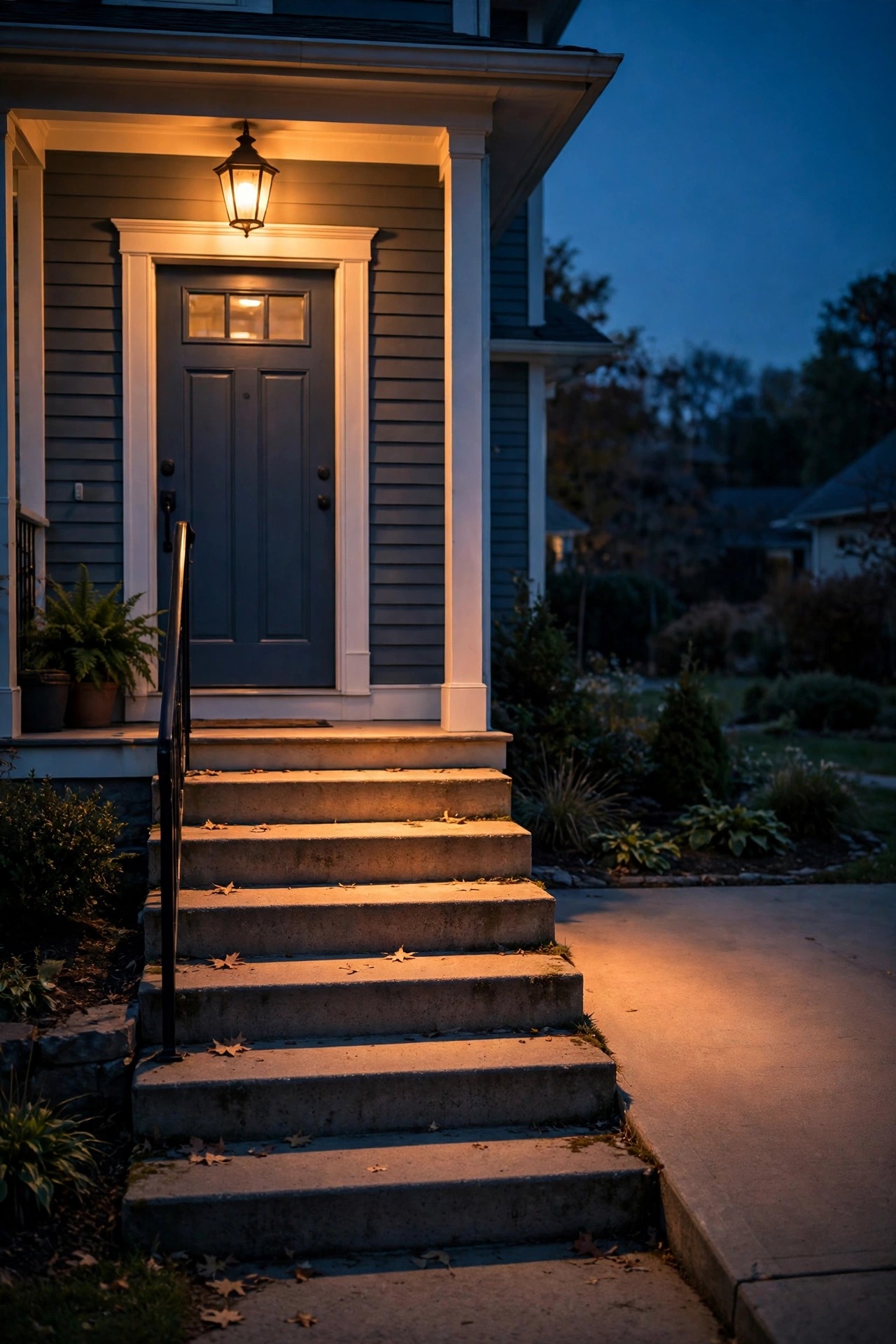 Front steps of a suburban home lit warmly from above by a shielded porch lantern at night, each tread clearly visible, driveway apron softly glowing beside