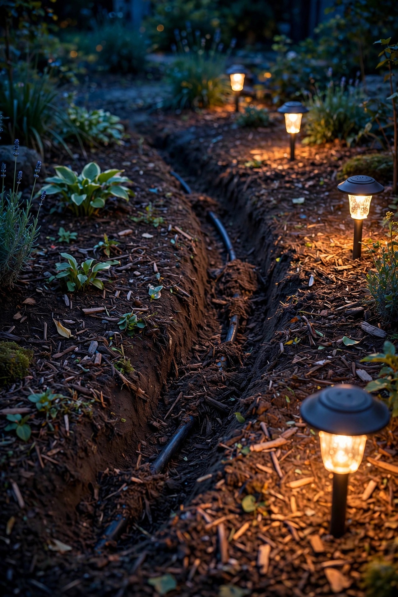 Shallow slit trench in a garden bed at dusk with low-voltage cable being tucked beneath mulch beside glowing path lights