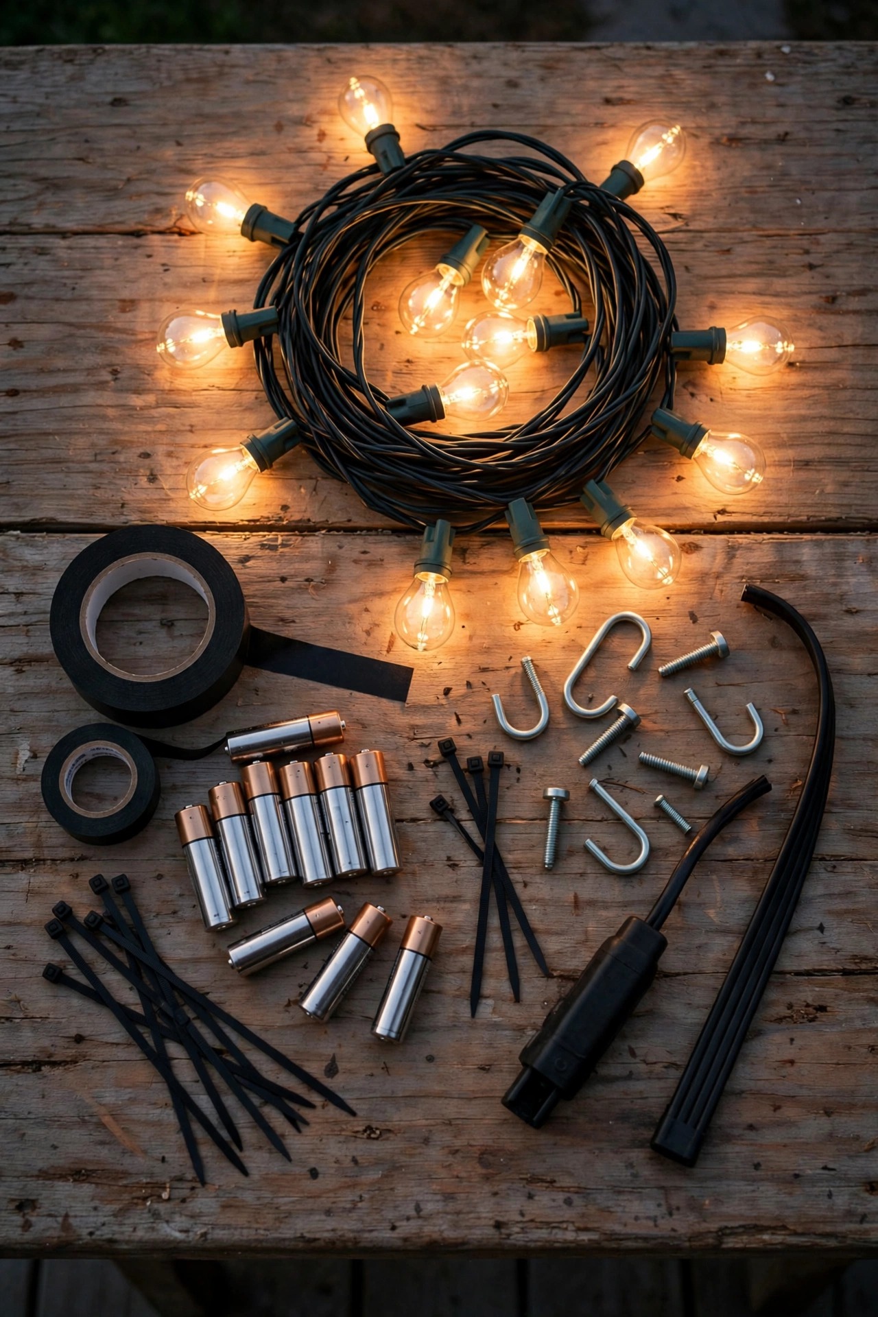 Flat lay of party lighting supplies on a porch table at dusk, warm LED bulbs, batteries, outdoor tape, cup hooks, zip ties and a cord cover