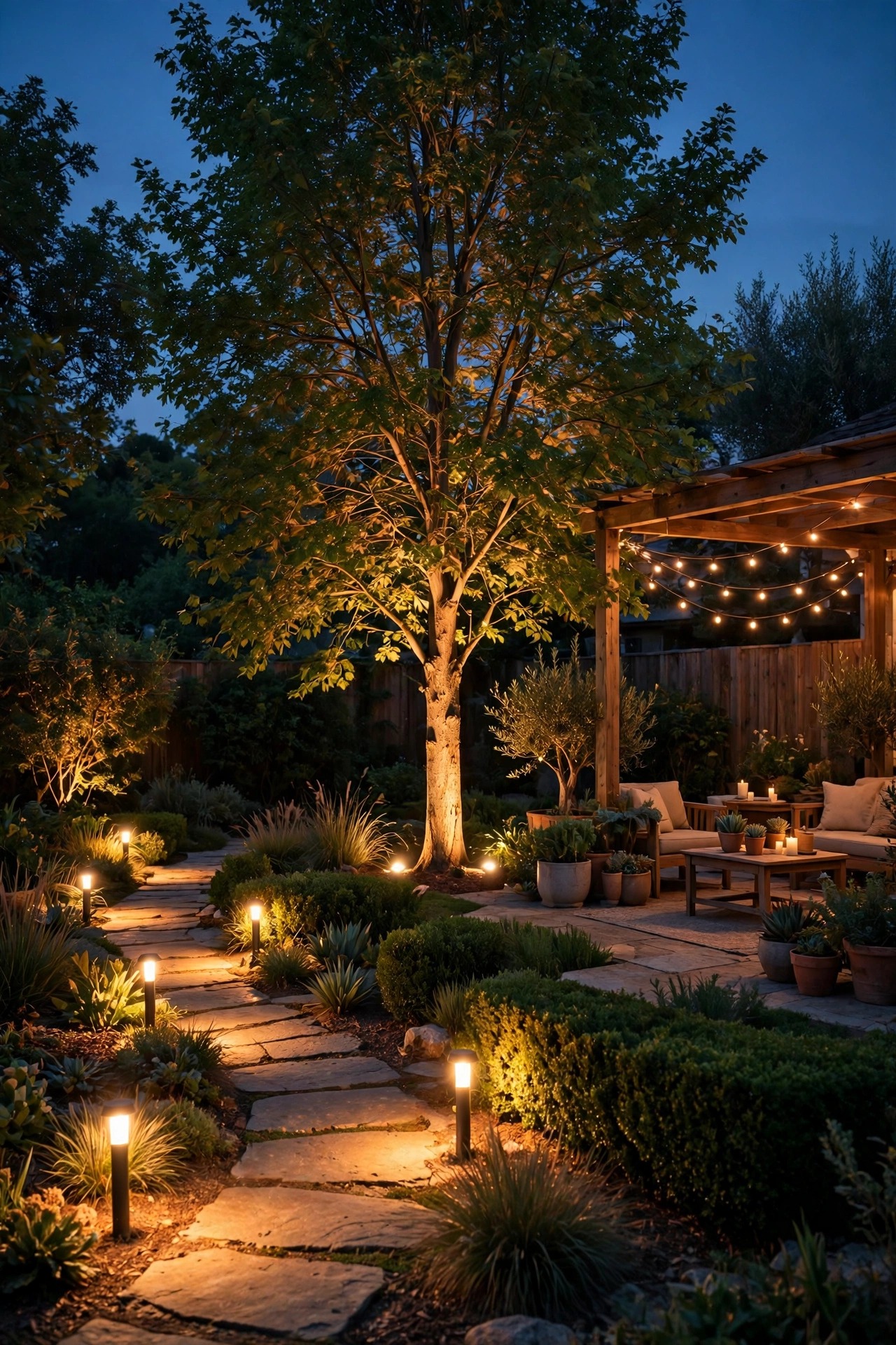 Homeowner view of a backyard split into lighting zones with path lights, tree uplights, and patio lights glowing at different brightness levels