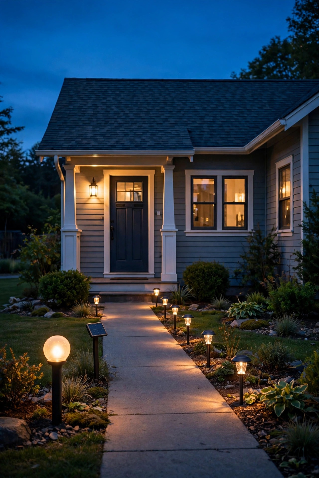 Small starter home at dusk with solar stake lights along the front walk, a warm porch lantern, and a softly glowing solar address marker beside the walk