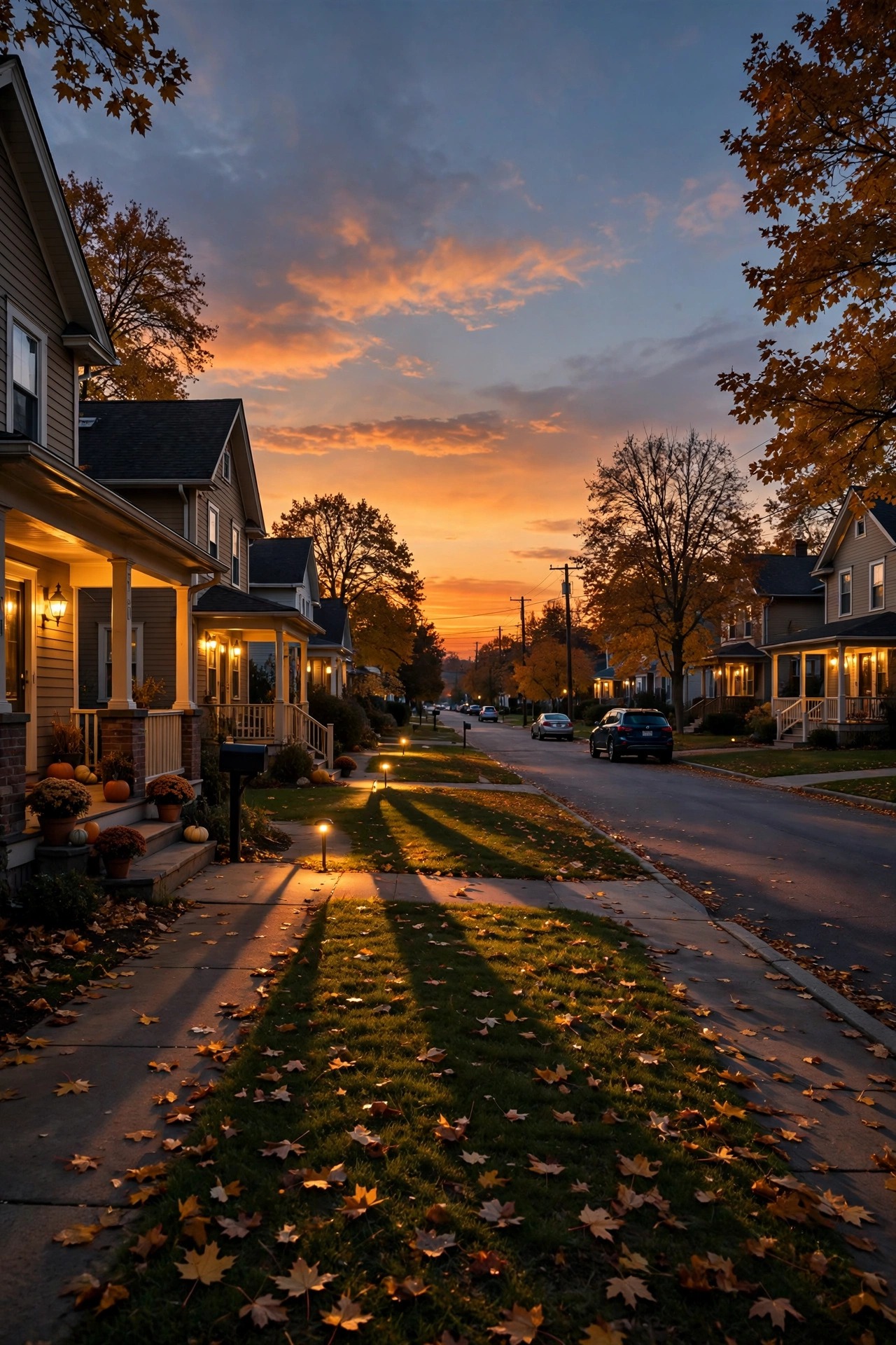 Photorealistic early dusk suburban street scene, sky deep orange at the horizon, porch and path lights just switched on warm and golden, long autumn shadows across lawns with scattered leaves
