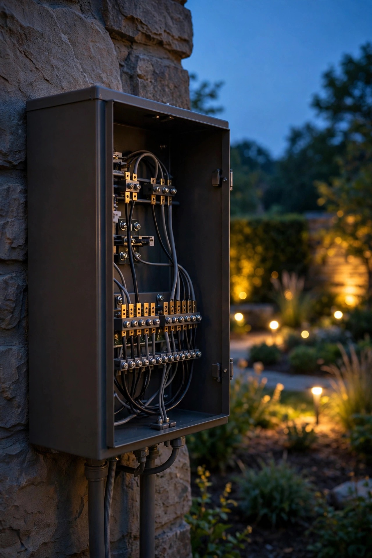 Low-voltage landscape lighting transformer mounted on an exterior wall at dusk, cables landing neatly on clean terminal taps, garden glowing softly behind it