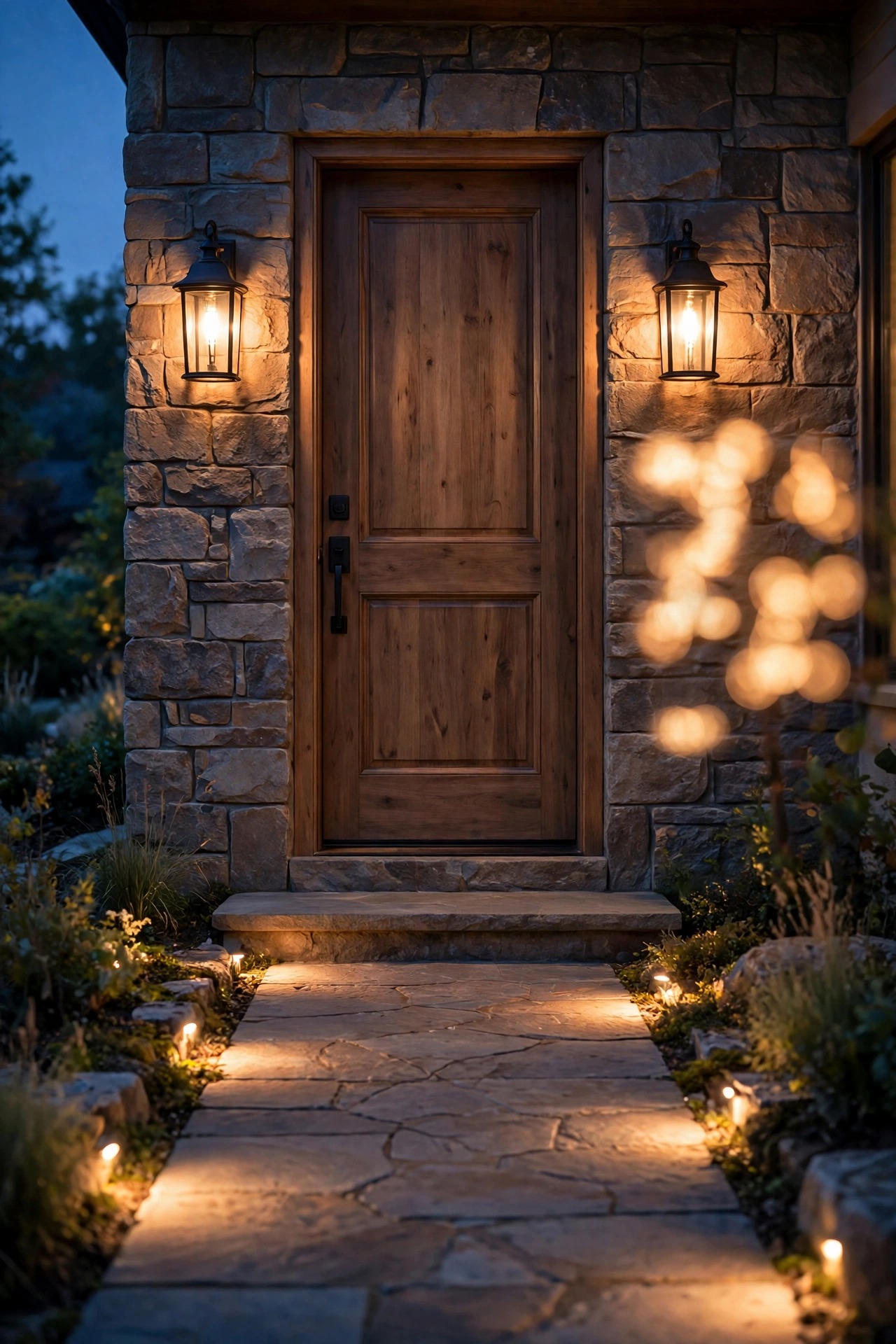 Photorealistic dusk view of a front door with matched warm lanterns, a fully lit stone walk, and soft glowing house number shapes beside the door, intentionally blurred and unreadable