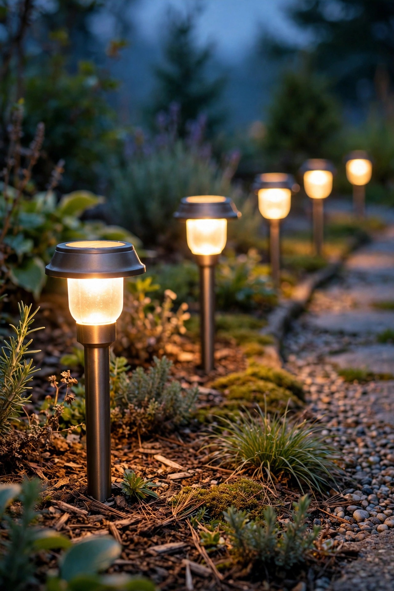 Close view of matching warm white solar path light stakes glowing in a row along a garden path at dusk