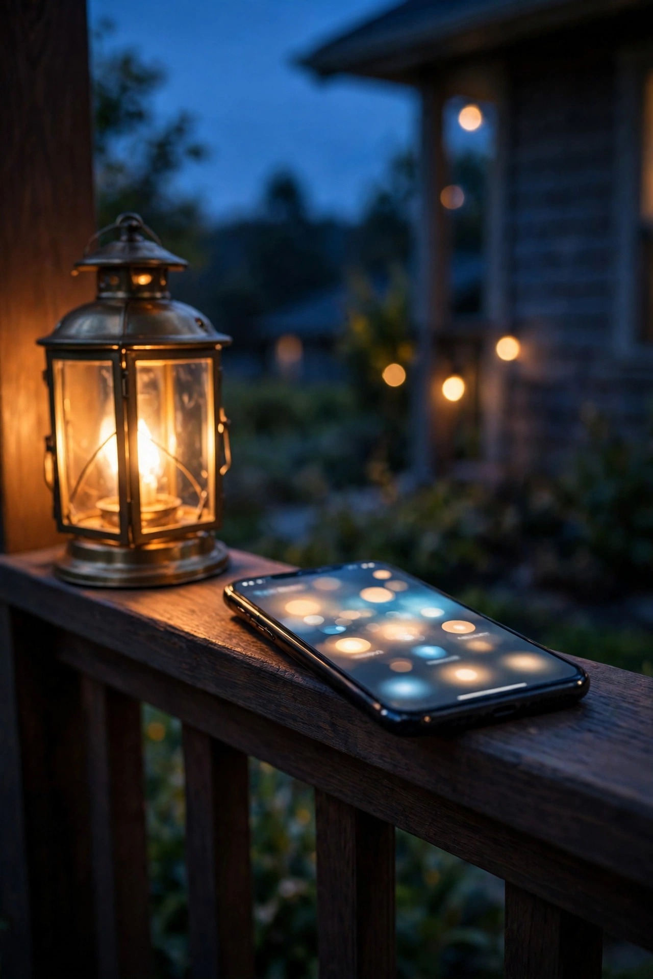 Phone showing a smart home app beside a glowing porch lantern at dusk during an Alexa lighting setup