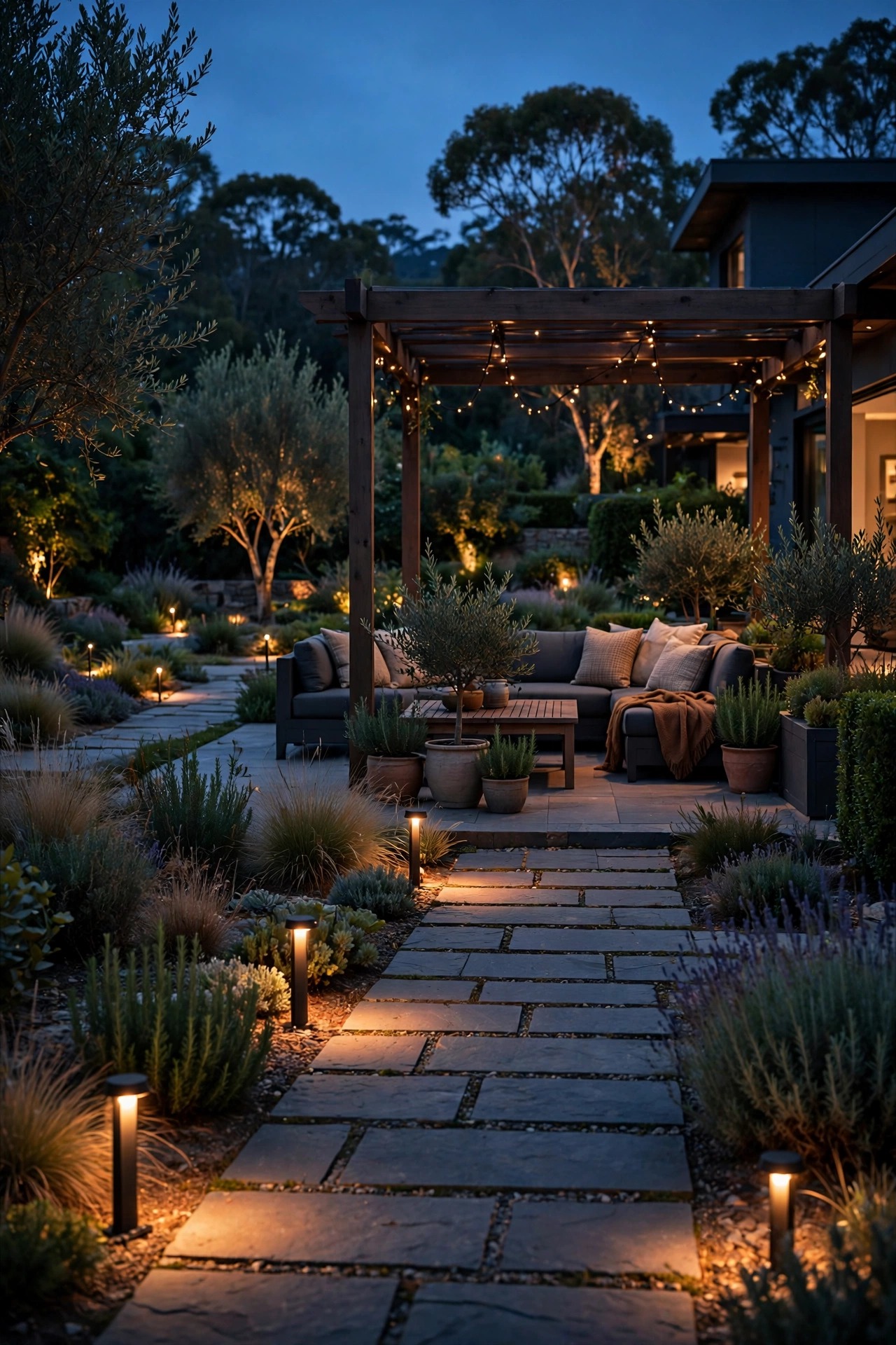Evening patio scene with separately controlled lighting zones, warm path lights in front and dimmed accent lights in the back garden