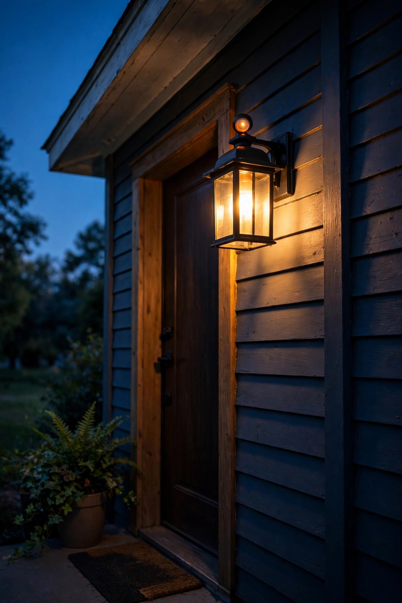 Porch lantern with a small photocell sensor glowing automatically at dusk on a rental home entry under a deep blue evening sky