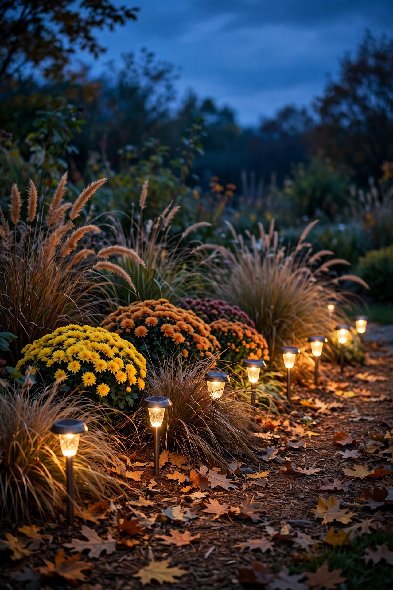 Photorealistic dusk garden scene with freshly bright solar stake lights lining a bed of mums and ornamental grasses, warm glow against deep blue early evening sky, fallen leaves on the mulch