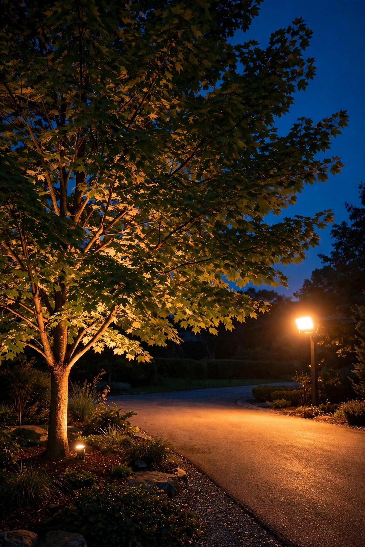 Bright low-voltage spotlight uplighting a maple tree canopy at night beside a line-voltage floodlight washing a wide driveway