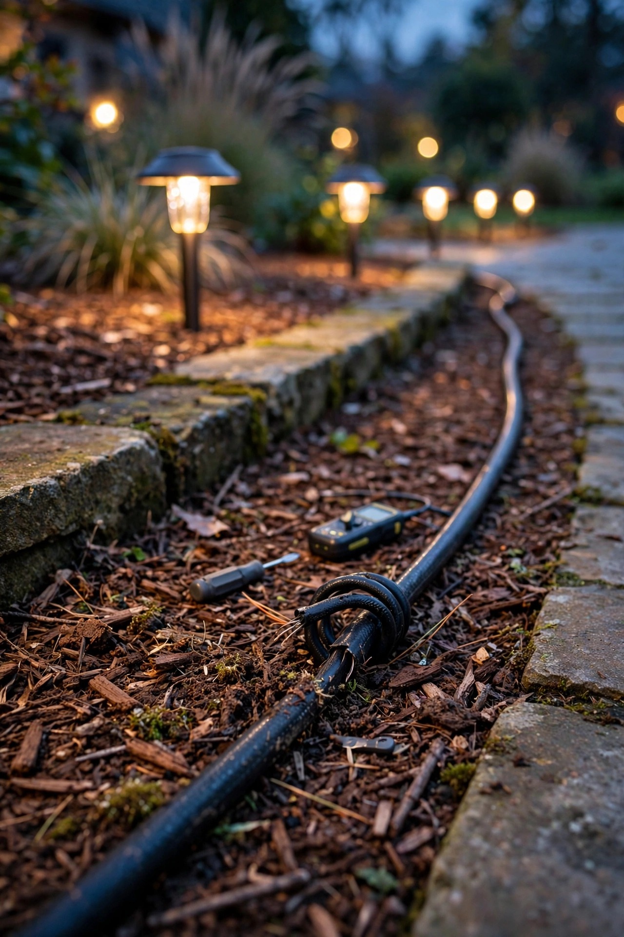 Close view of landscape lighting cable being checked along a mulched garden bed edge at dusk, warm path lights glowing in a row beyond it