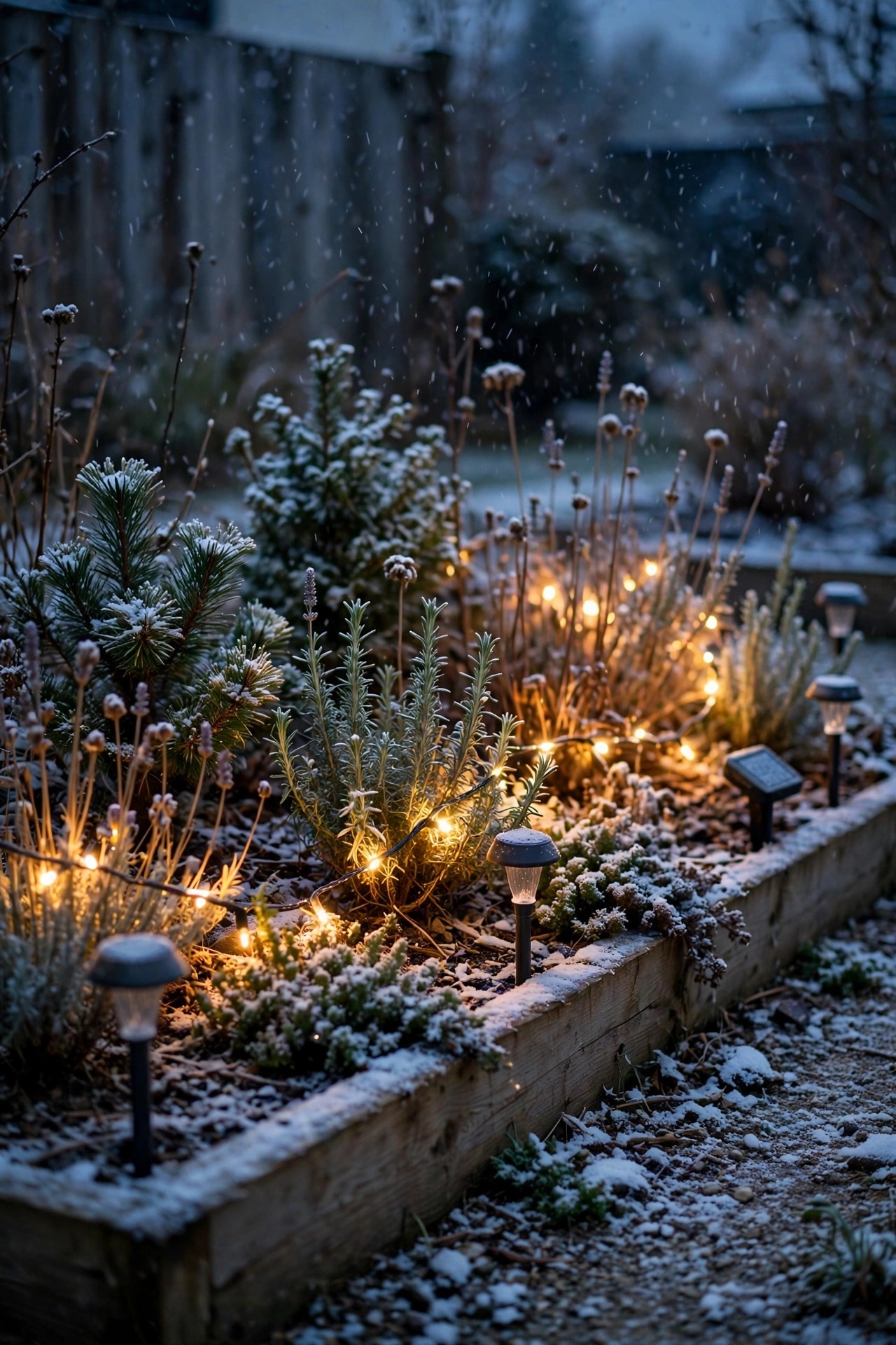 Garden bed in winter twilight with warm wired LED lights glowing steadily through light snow, solar stake lights dim beside them