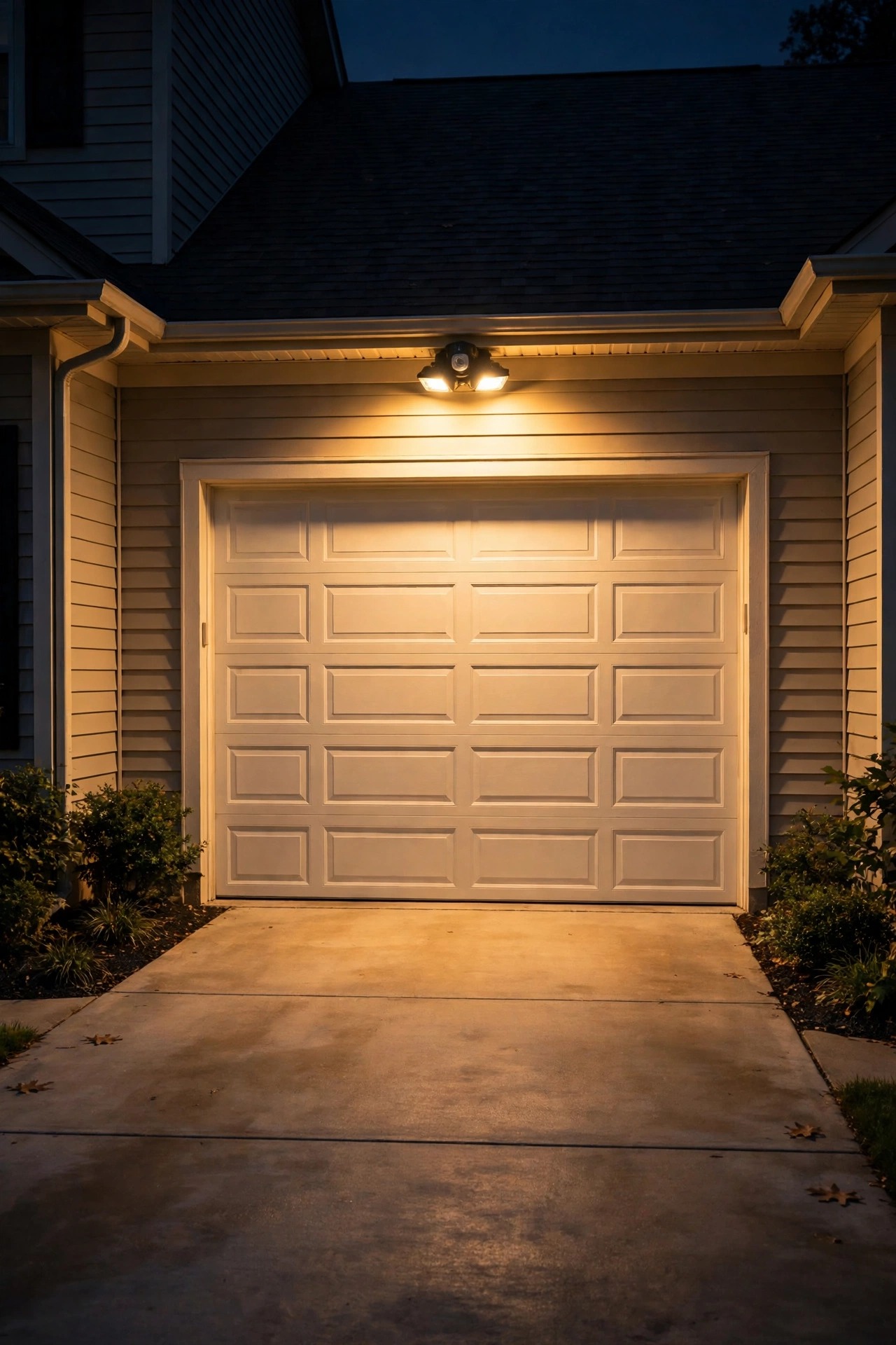 Wide warm flood light washing evenly over a suburban driveway and garage front at night, motion sensor fixture mounted above the garage door