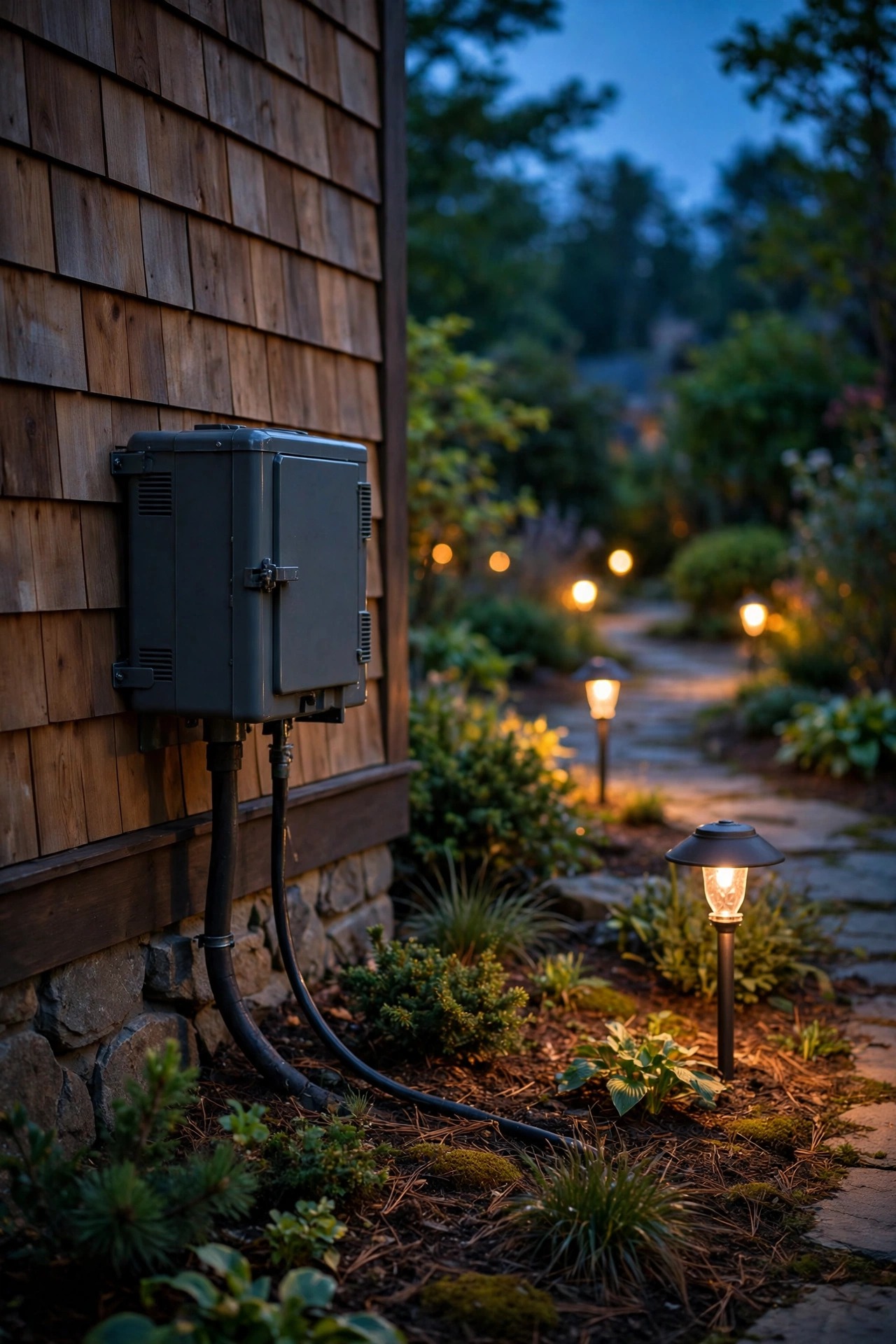 low voltage landscape transformer mounted beside a house wall at dusk with garden path lights glowing in the background