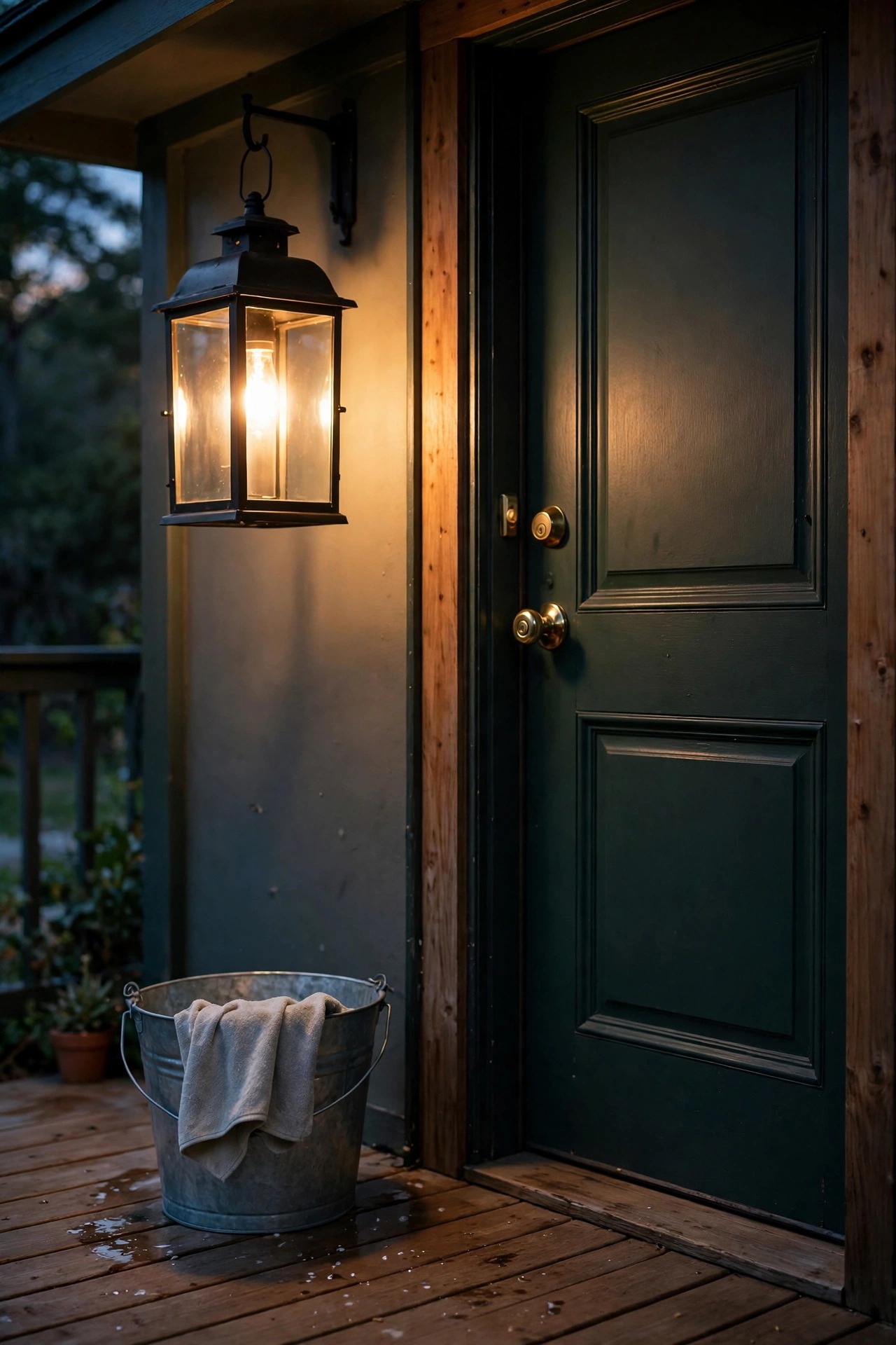 Photorealistic warm dusk view of a freshly cleaned glass porch lantern glowing warmly beside a front door, with a bucket and soft cloth resting on the porch boards nearby