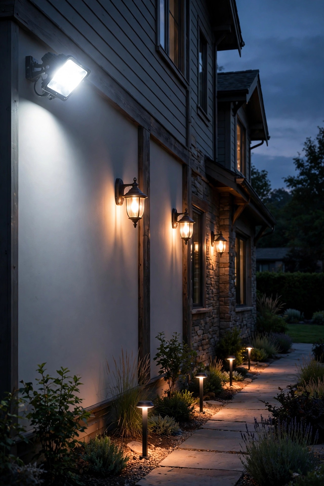 Row of outdoor fixtures glowing at dusk, a bright white halogen floodlight beside softer warm LED path lights and wall sconces along a house facade