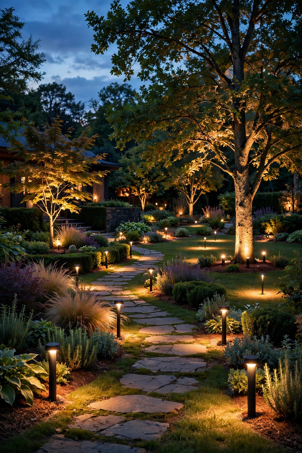 Dusk garden with smart fixtures at many points across the yard, path lights, bollards and uplights forming a connected network of warm light pools