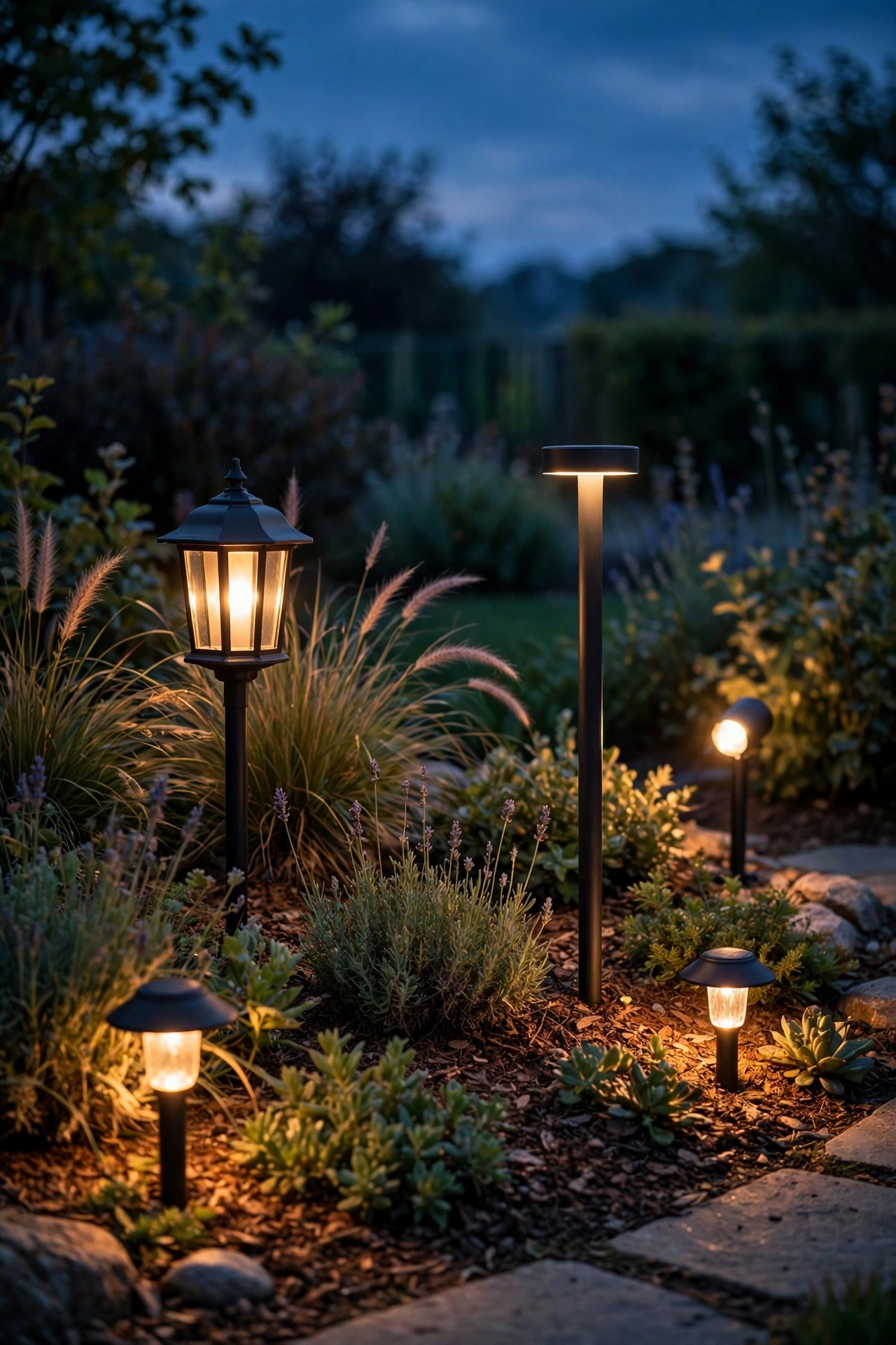 Coordinated matte black solar fixtures at varied heights in one garden bed, low path lights, a mid-height lantern and a small spotlight, all glowing the same warm white at dusk