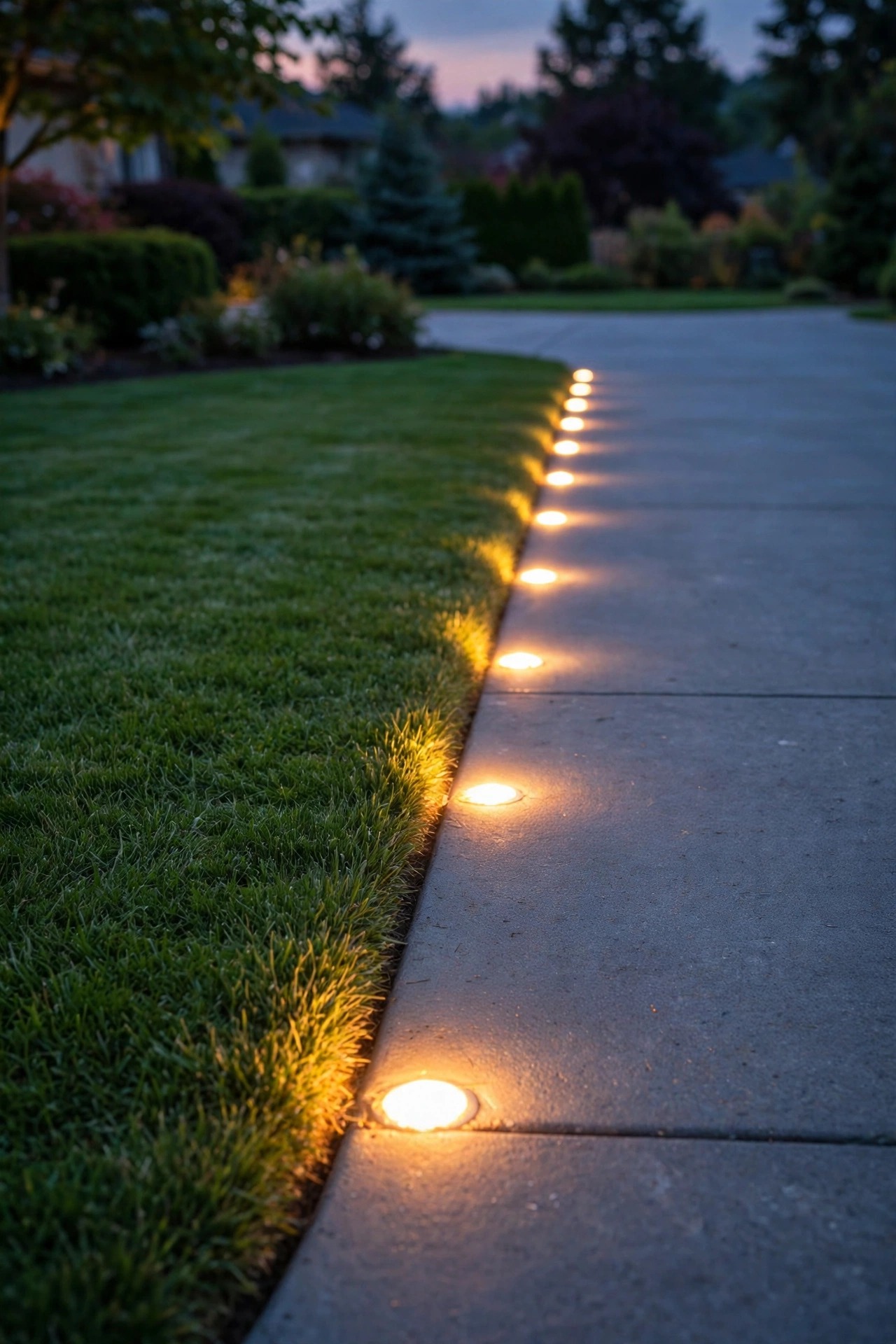 Dusk view of a driveway edge lined with flush drive-over in-ground lights glowing at pavement level, lawn freshly mowed around them