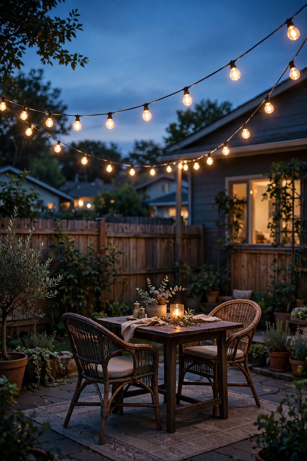 Photorealistic dusk view of a backyard patio with two strands of warm glowing string lights swagged overhead above a small dining table and chairs, cozy suburban evening atmosphere