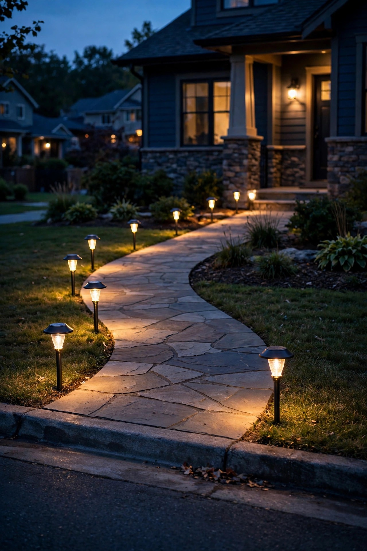 Single staggered line of warm solar path lights along a curved front walkway at dusk, viewed from the street