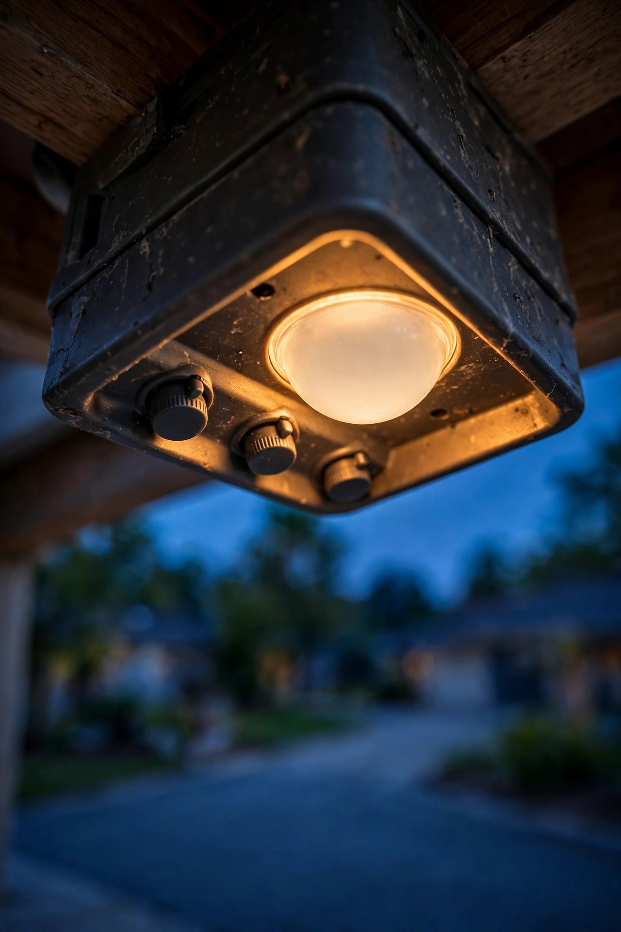Hand adjusting the small dials on the underside of an outdoor motion sensor light above a driveway
