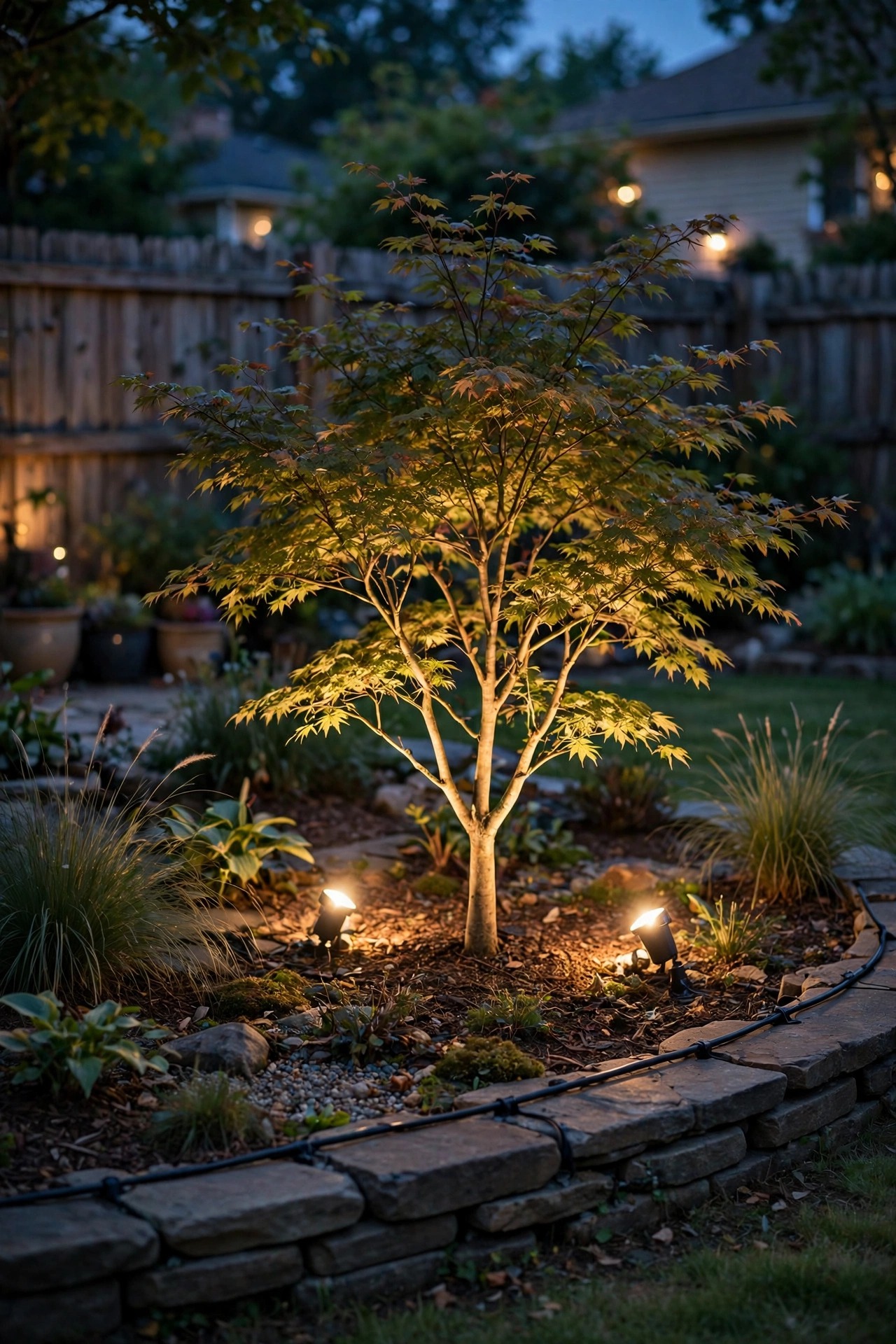 Dusk garden scene with warm low-voltage spotlights uplighting a small tree and cable neatly tucked along a stone edging, cozy suburban backyard