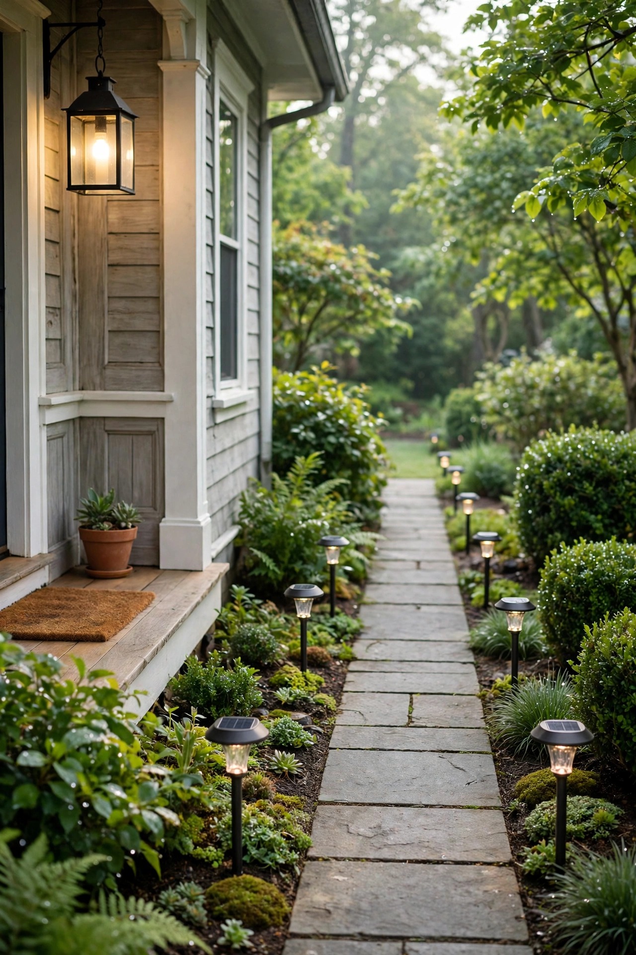Close view of hands-free morning scene on a porch, freshly cleaned glowing lantern glass, wiped solar path light panel and straightened fixtures along a walkway