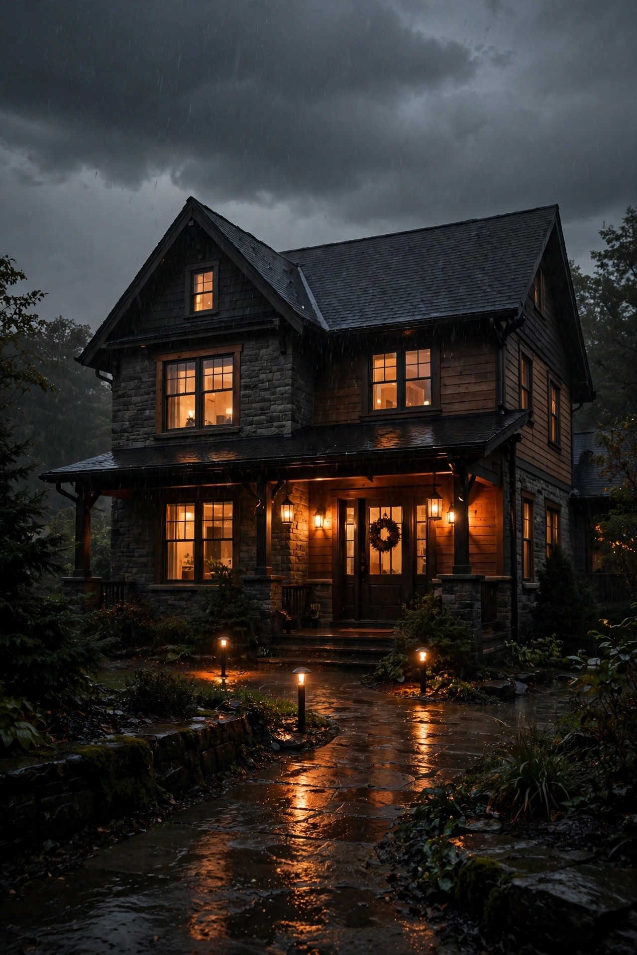 House exterior during a dark stormy evening with warm porch and path lights glowing steadily under heavy grey skies