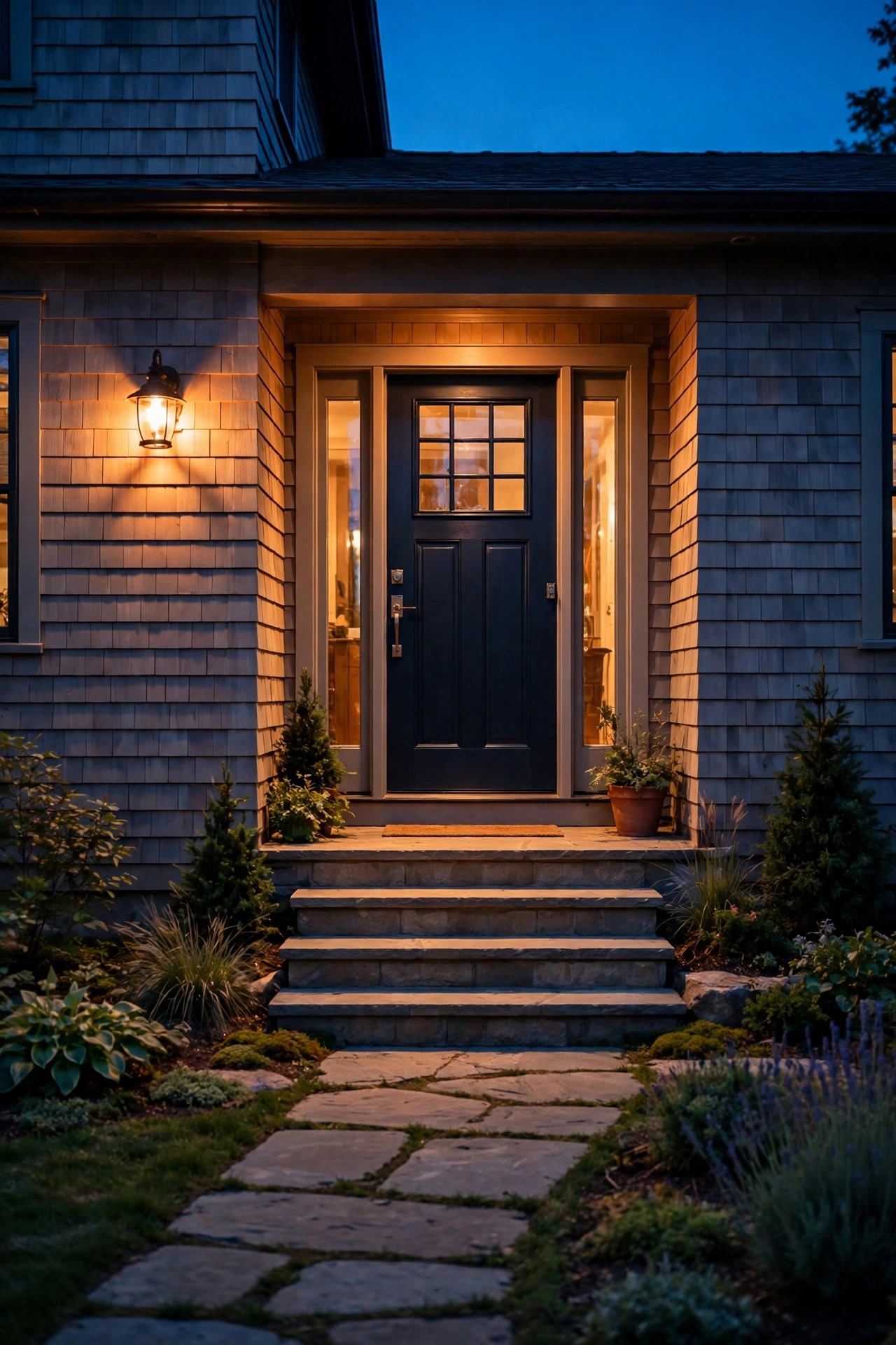 Visitor approach path to a front door lit from the camera side by a warm sconce, steps and entry evenly visible with no dark silhouette zone